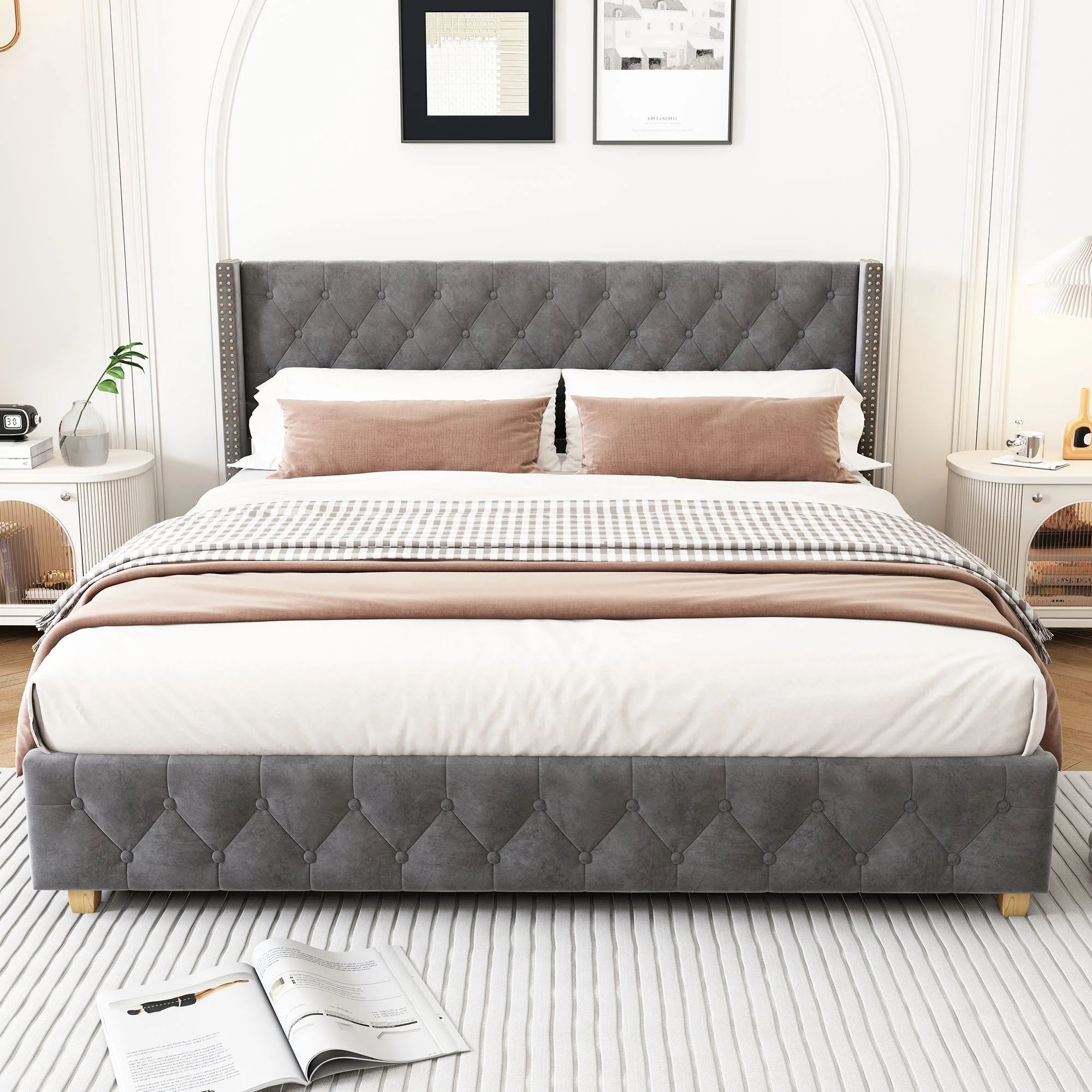 Upholstered Bed 160x200cm Button Studded Headboard Slatted Frame - Velvet Grey - Image 2