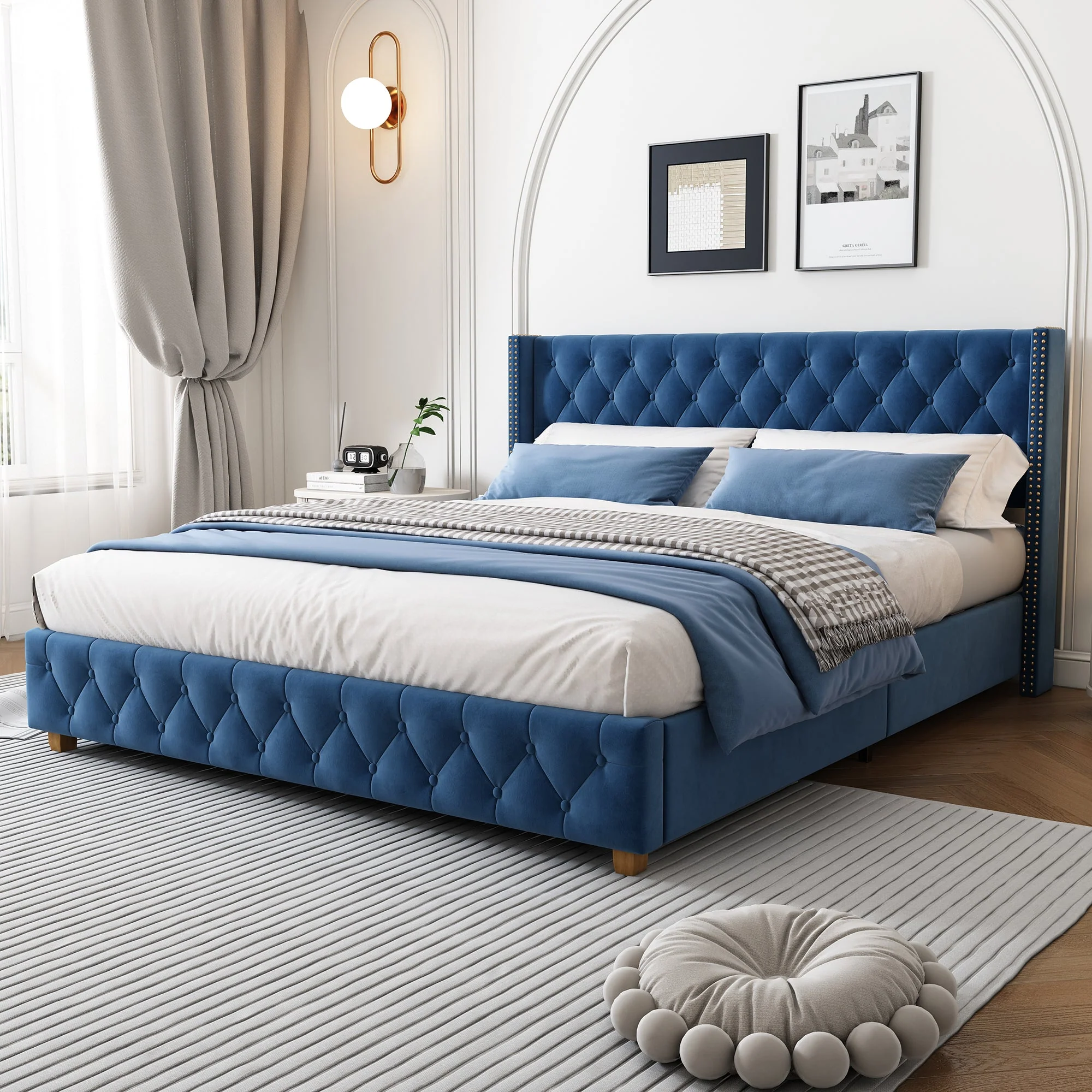 Upholstered Bed 160x200cm Button & Studded Headboard - Velvet Blue
