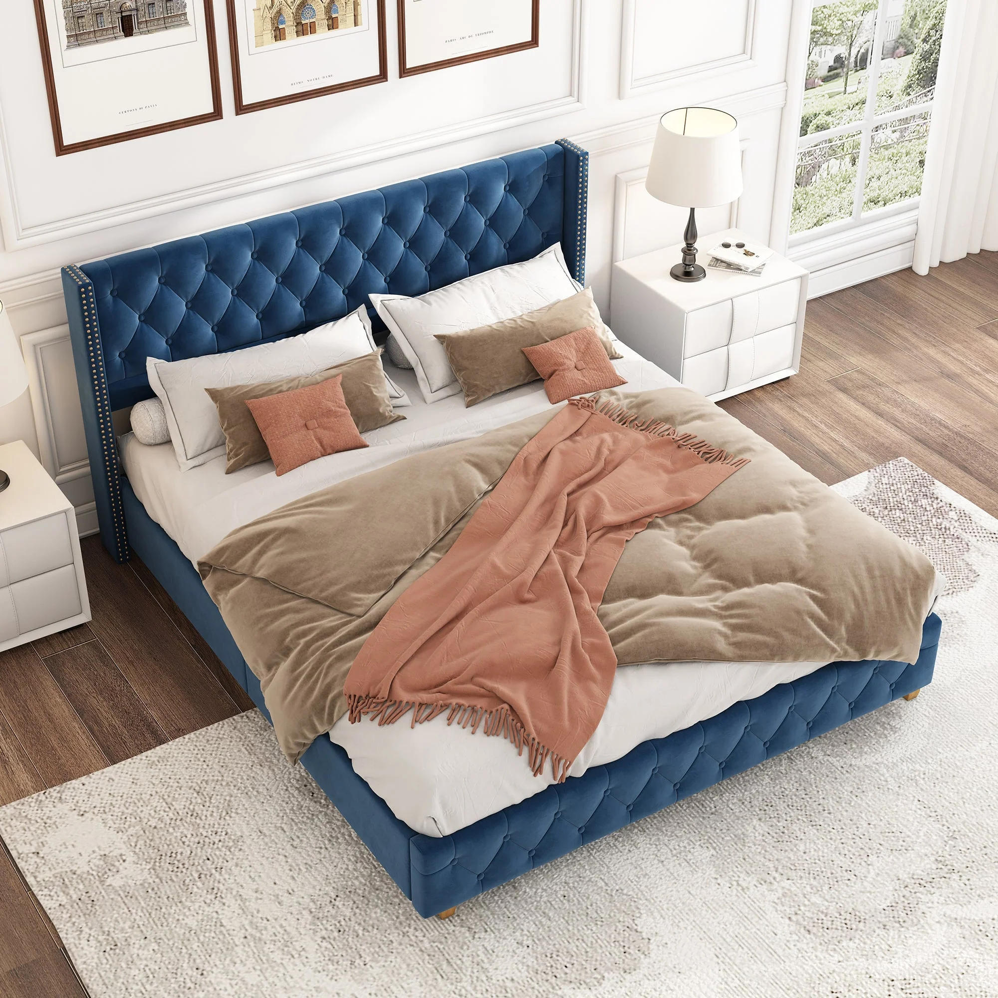 Upholstered Bed 160x200cm Button & Studded Headboard - Velvet Blue - Image 6