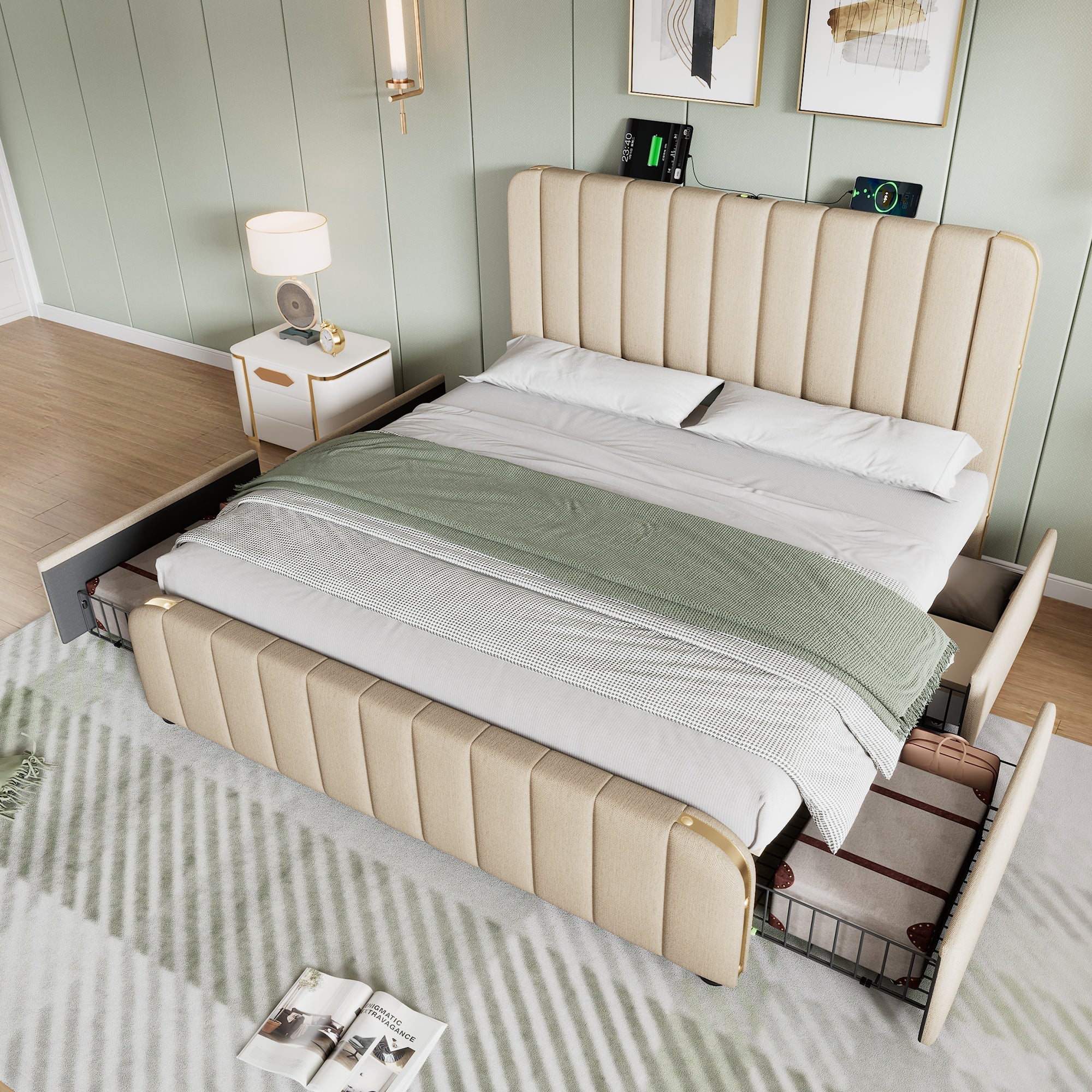 Upholstered Bed 160x200cm Double Padded Headboard USB-C 4 Drawers, Beige Linen