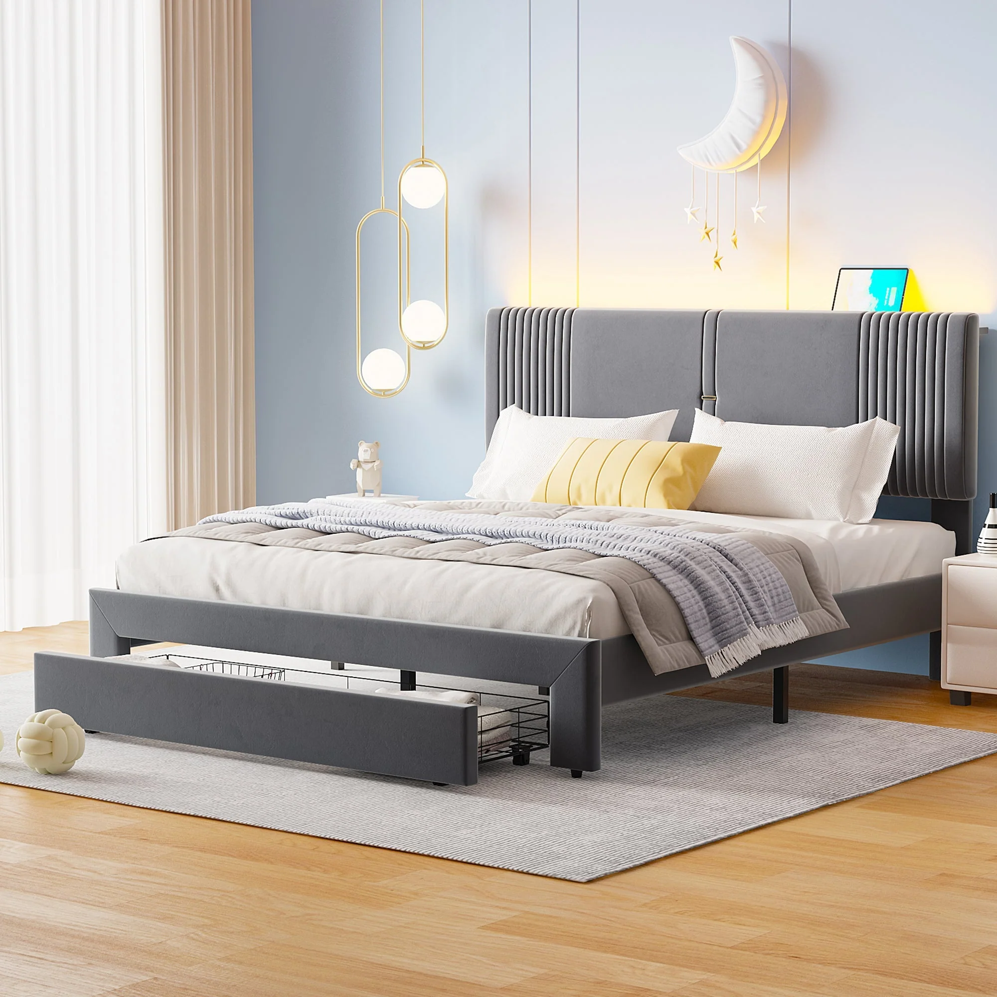 Upholstered Bed, 160x200cm Double with Light Strip, USB Port & Storage Drawer, Grey Velvet - Image 2