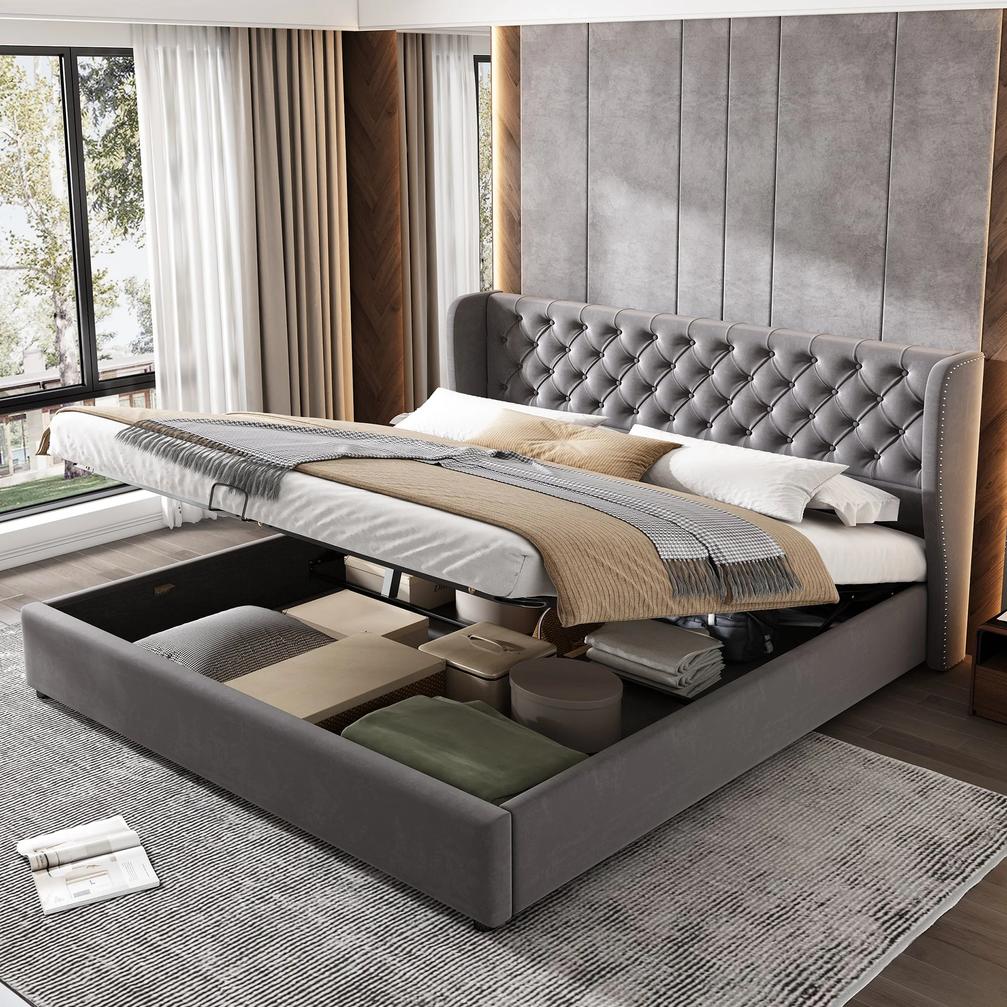 Upholstered Bed 160x200cm Ear-Shaped Hydraulic Storage Slatted Frame - Velvet Grey - Image 3
