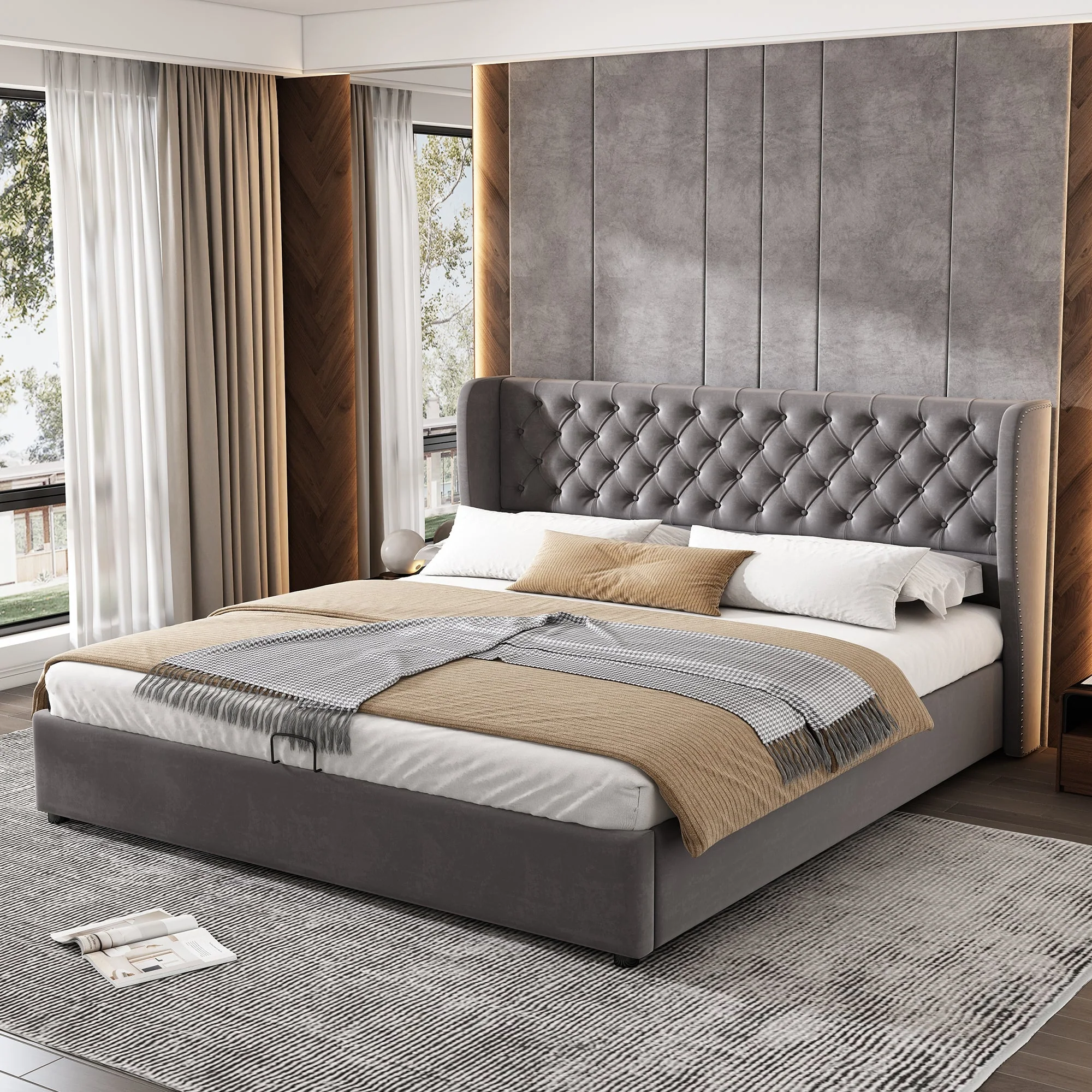 Upholstered Bed 160x200cm Ear-Shaped Hydraulic Storage Slatted Frame - Velvet Grey - Image 4