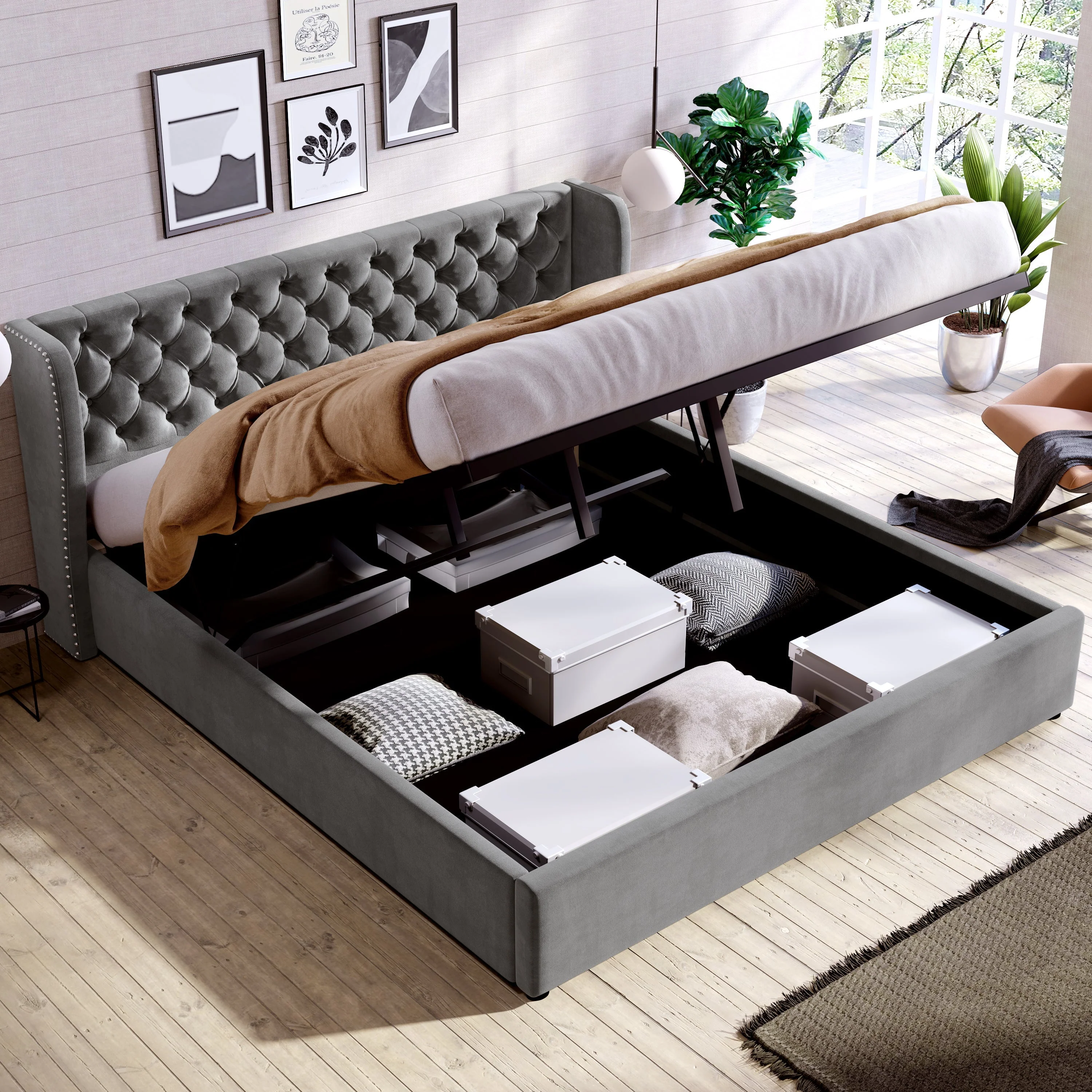 Upholstered Bed 160x200cm Ear-Shaped Hydraulic Storage Slatted Frame - Velvet Grey - Image 5