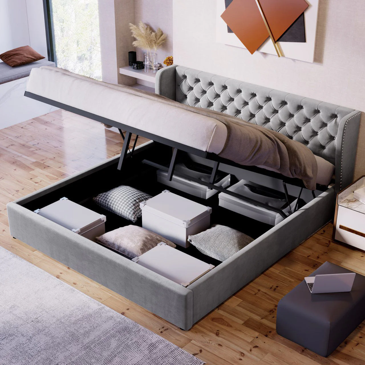 Upholstered Bed 160x200cm Ear-Shaped Hydraulic Storage Slatted Frame - Velvet Grey - Image 6