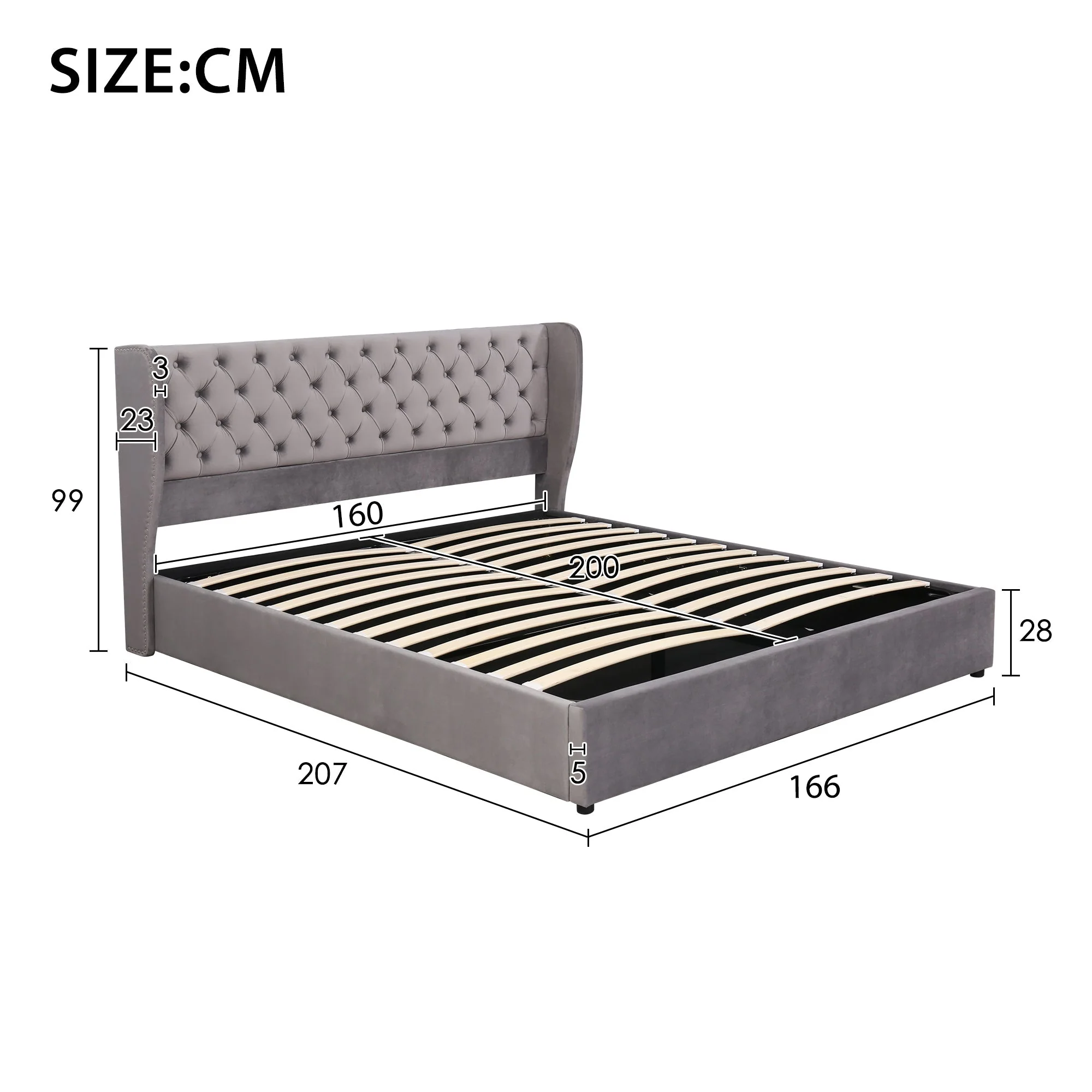 Upholstered Bed 160x200cm Ear-Shaped Hydraulic Storage Slatted Frame - Velvet Grey - Image 8