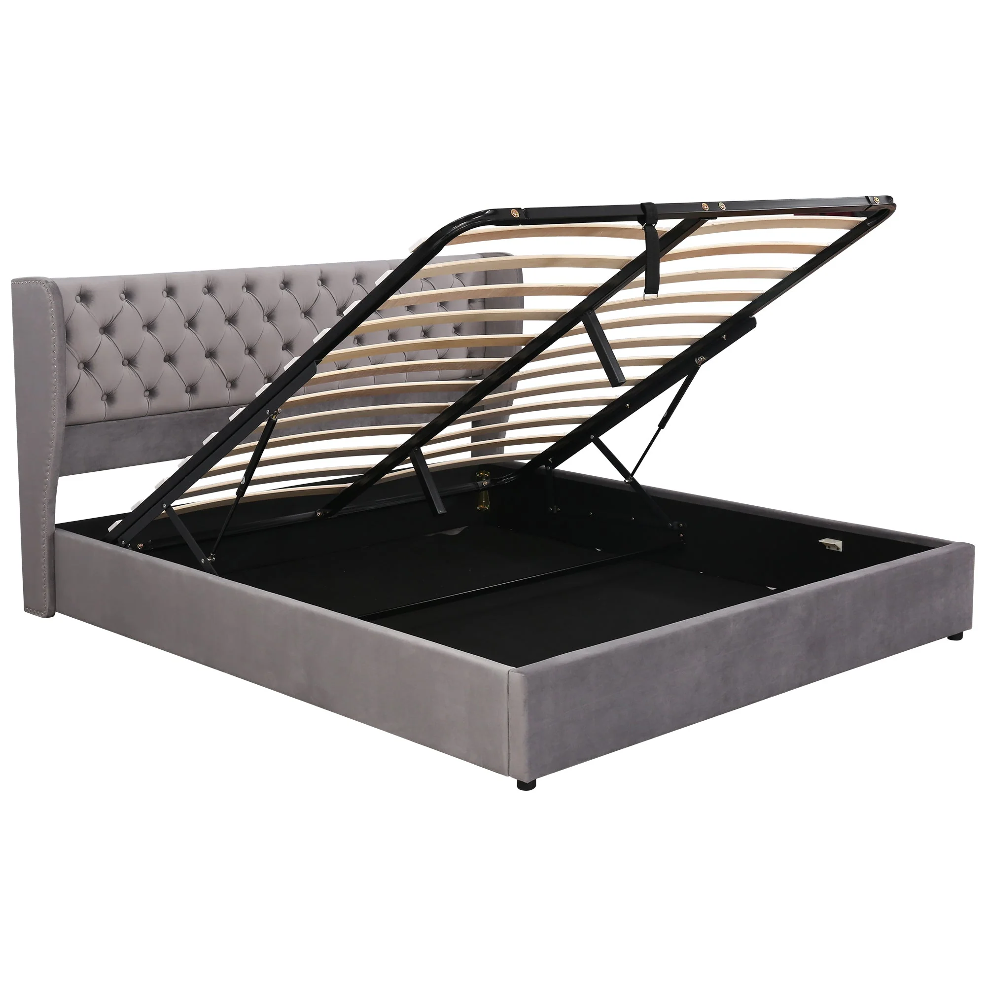 Upholstered Bed 160x200cm Ear-Shaped Hydraulic Storage Slatted Frame - Velvet Grey - Image 9