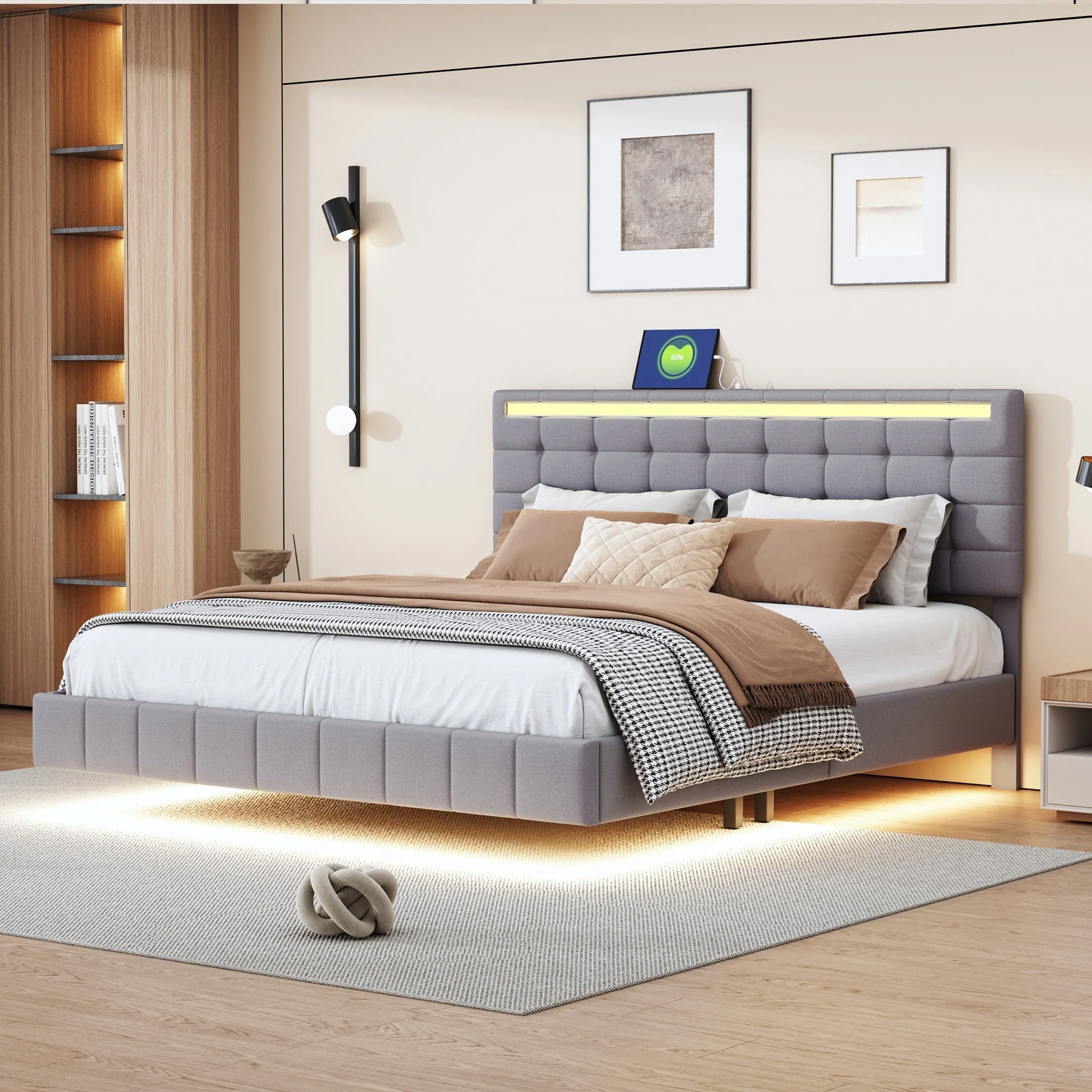 Upholstered Bed, 160x200cm Floating Frame with LED & Headboard, Linen Grey - Image 2