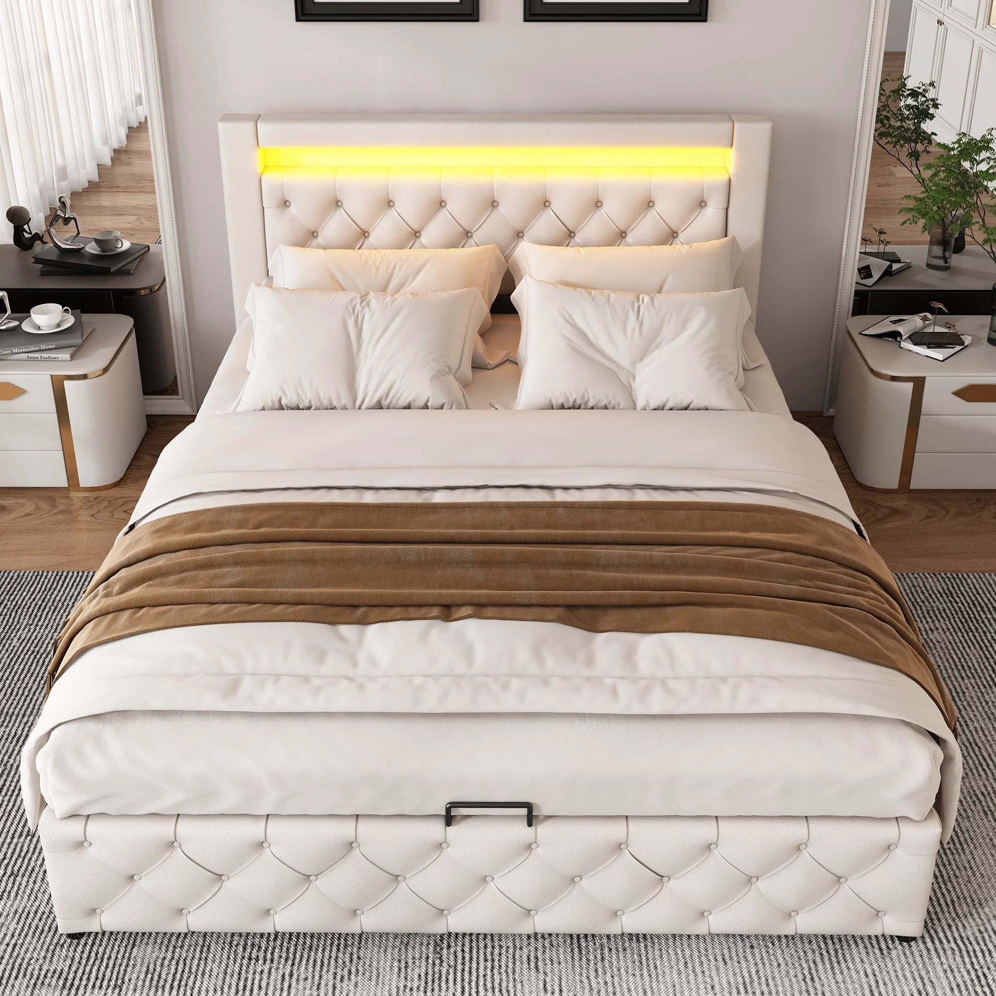 Upholstered Bed 160x200cm Functional Storage Slatted Frame LED Lighting White PU - Image 3
