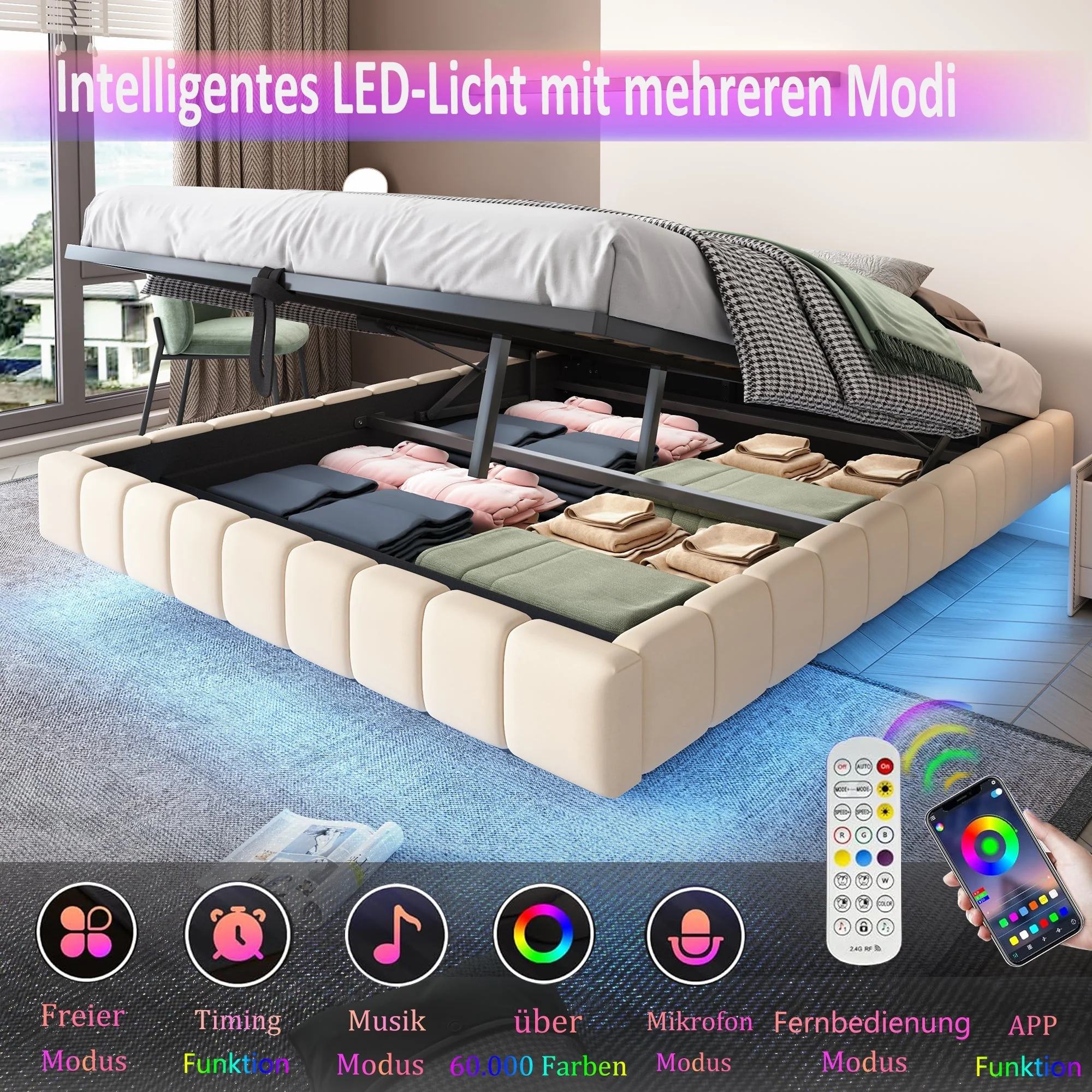 Upholstered Bed 160x200cm Hydraulic Floating Frame Storage LED Light, Linen Beige - Image 4