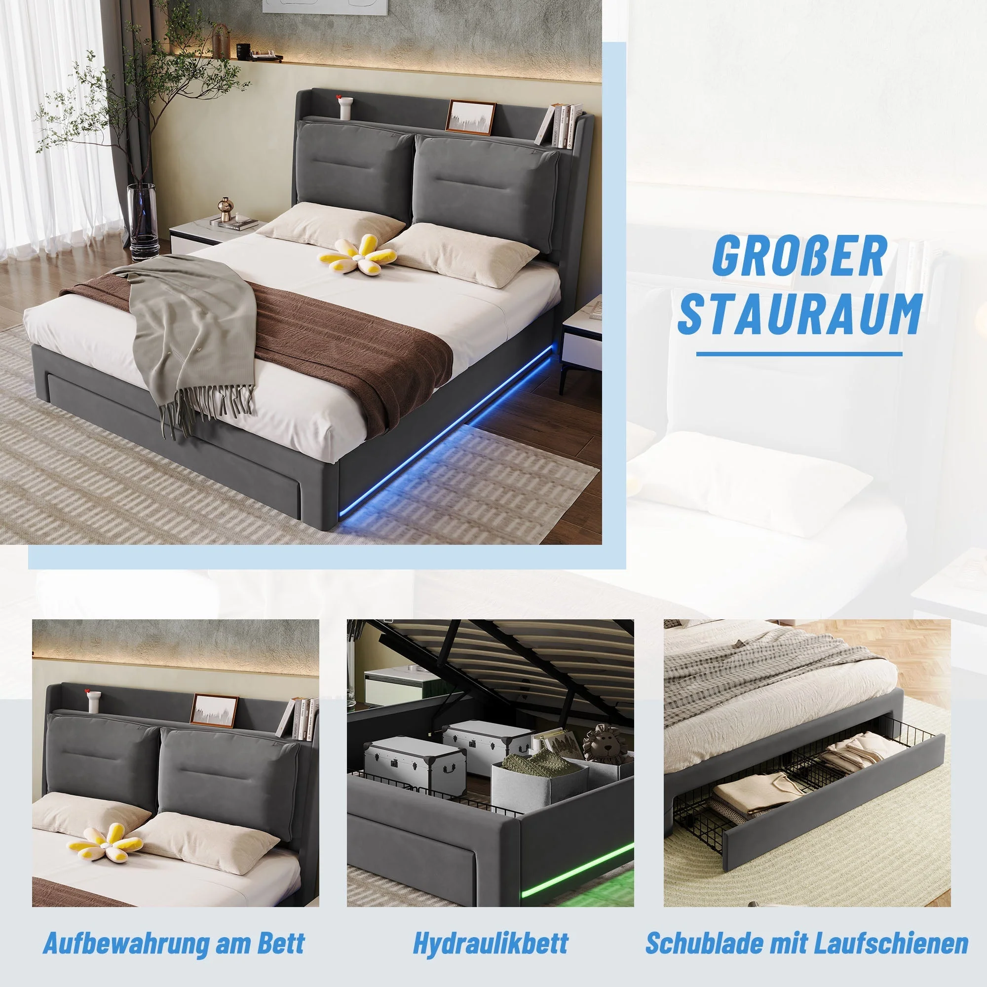 Upholstered Bed 160x200cm Hydraulic Storage 2-in-1 Drawers LED - Velvet Dark Grey - Image 8