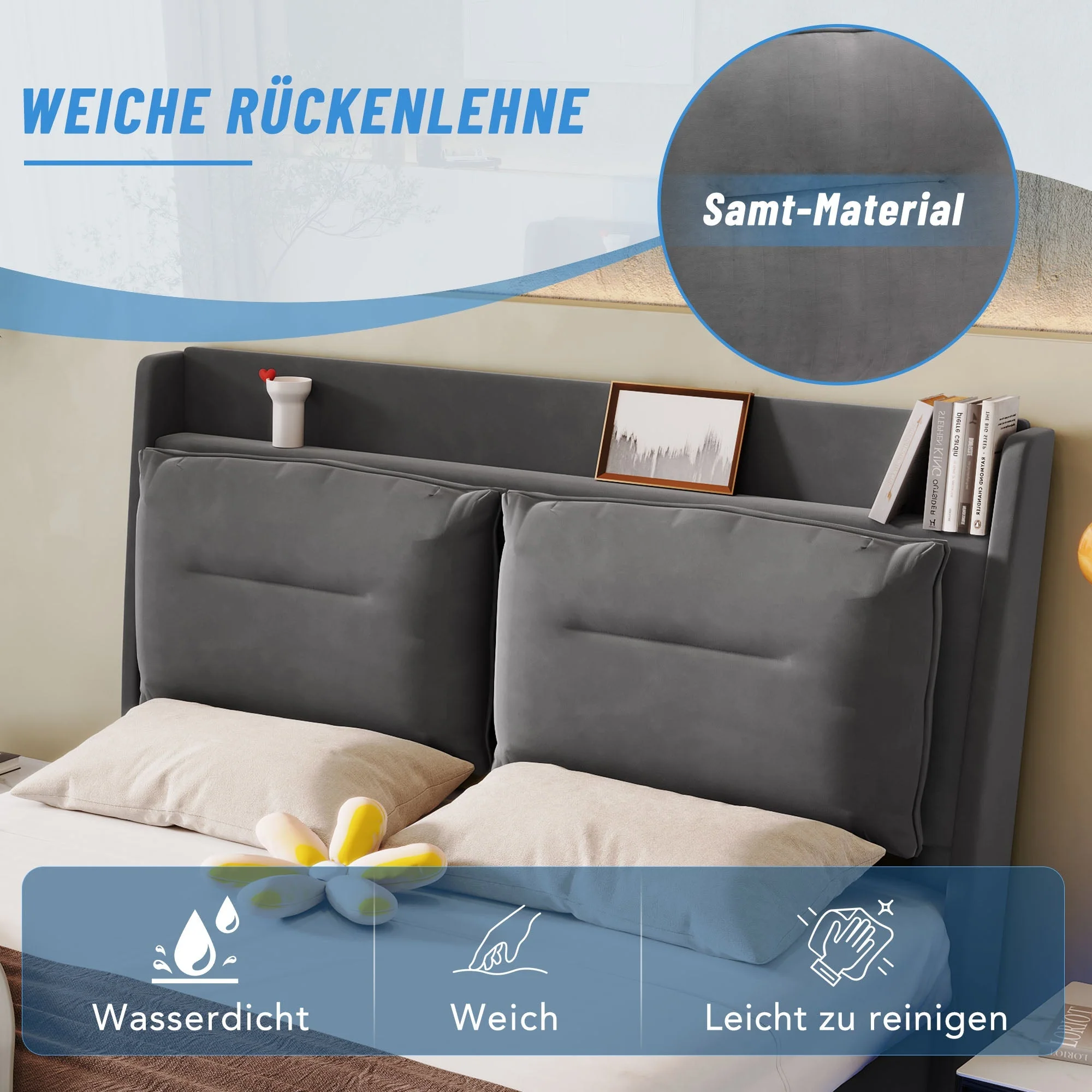 Upholstered Bed 160x200cm Hydraulic Storage 2-in-1 Drawers LED - Velvet Dark Grey - Image 9