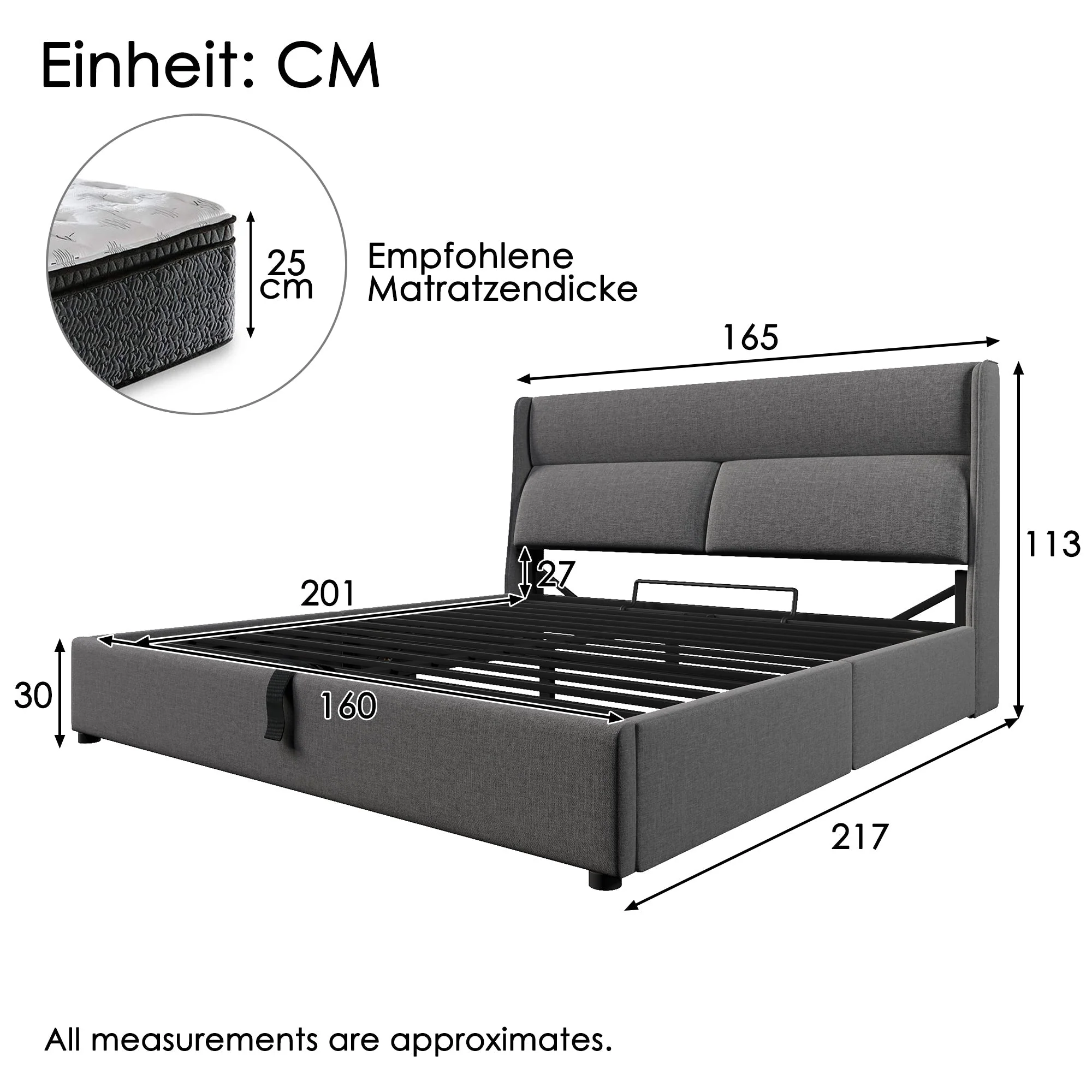 Upholstered Bed 160x200cm Hydraulic Storage Adjustable Headrests - Linen Grey - Image 2