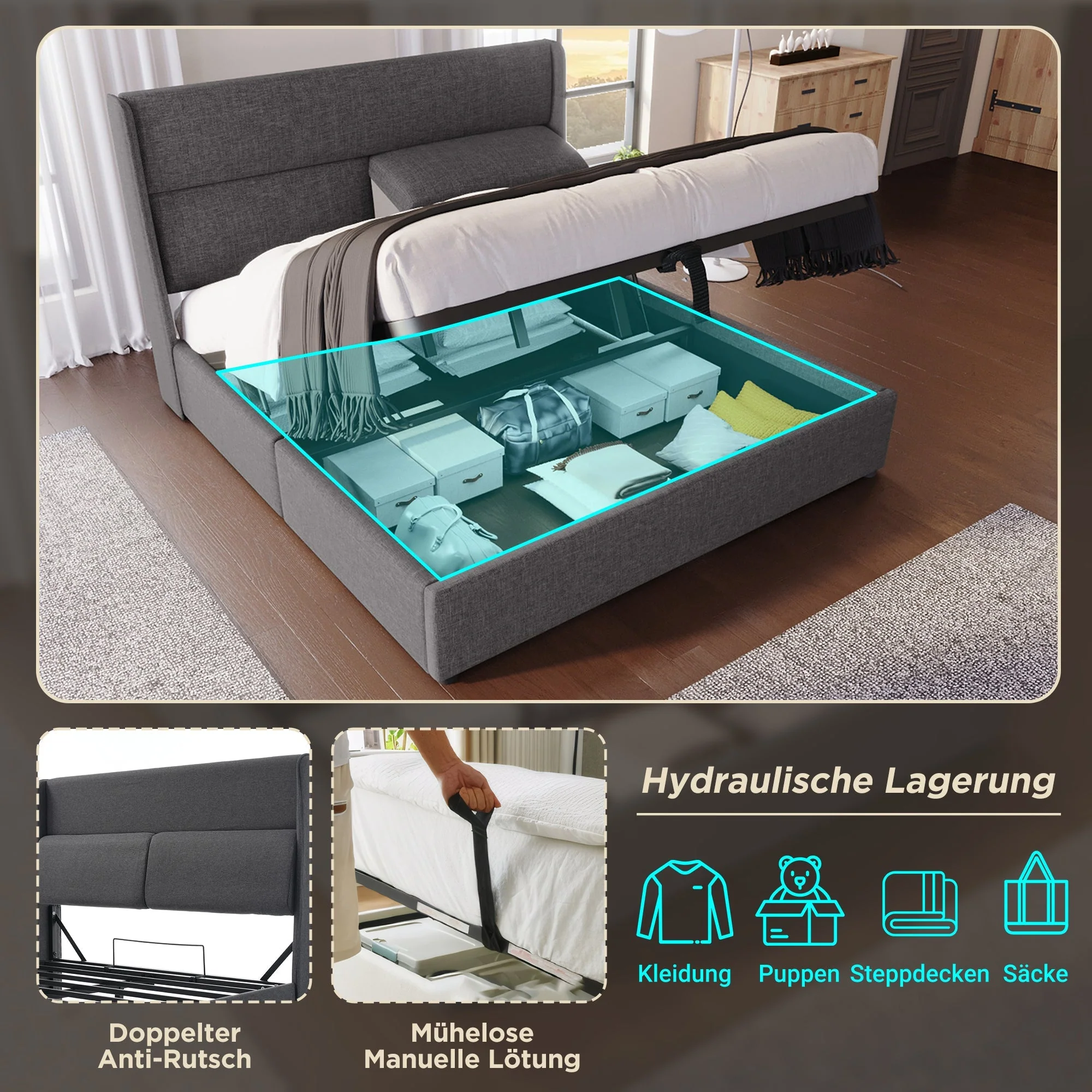 Upholstered Bed 160x200cm Hydraulic Storage Adjustable Headrests - Linen Grey - Image 5