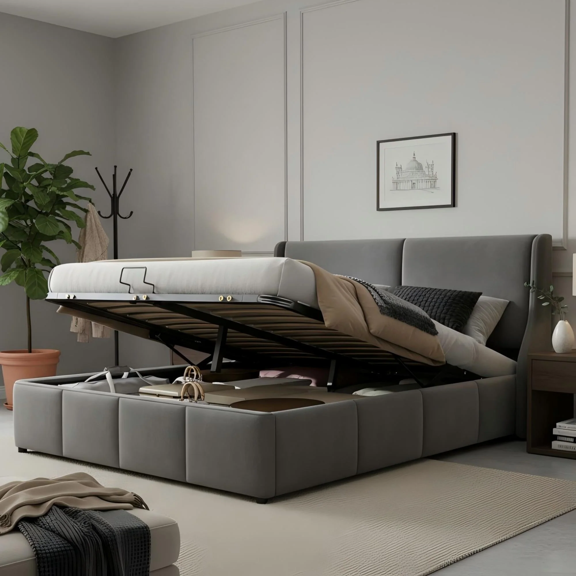 Upholstered Bed 160x200cm Hydraulic Storage Ear-Shaped Headboard - Grey