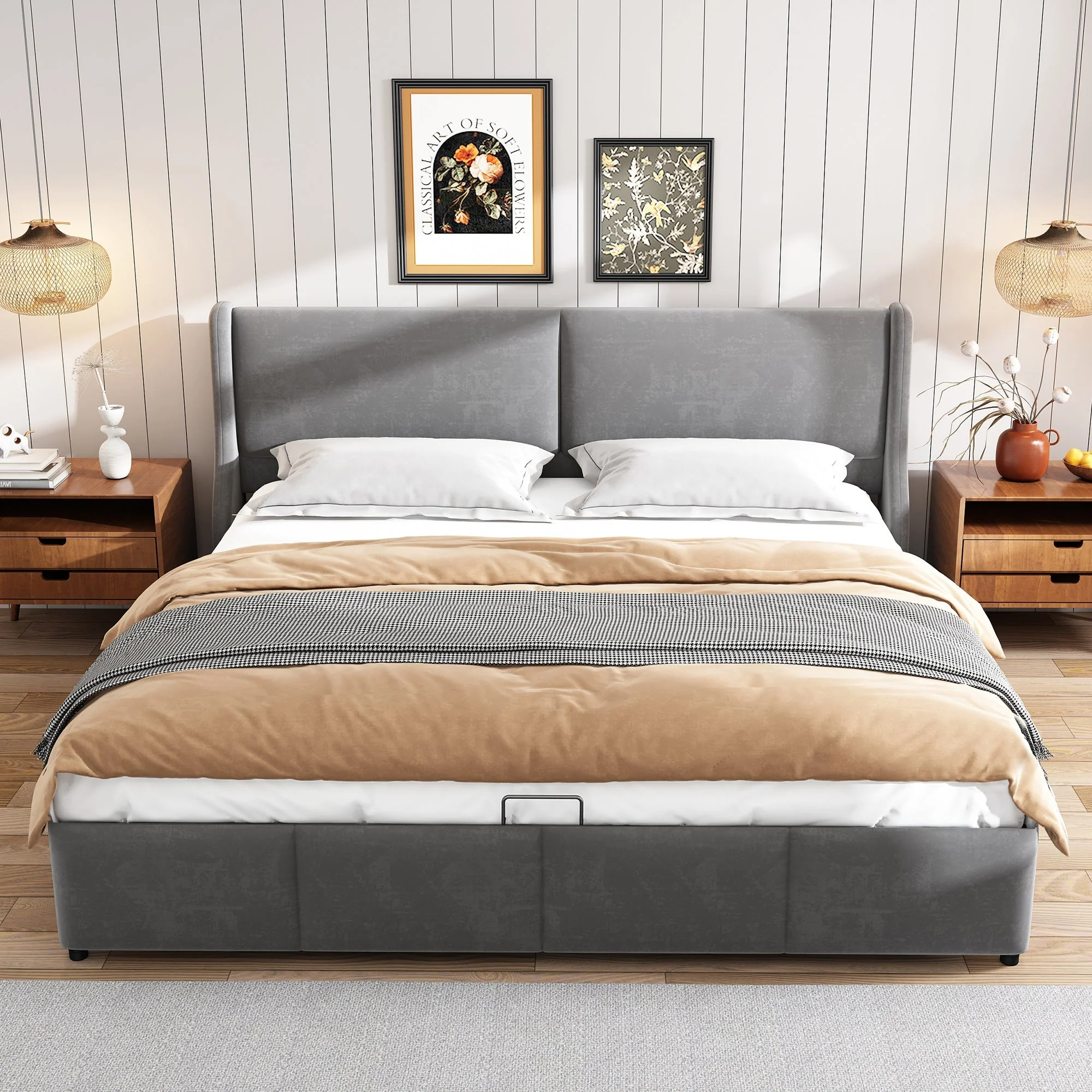 Upholstered Bed 160x200cm Hydraulic Storage Ear-Shaped Headboard - Grey - Image 2