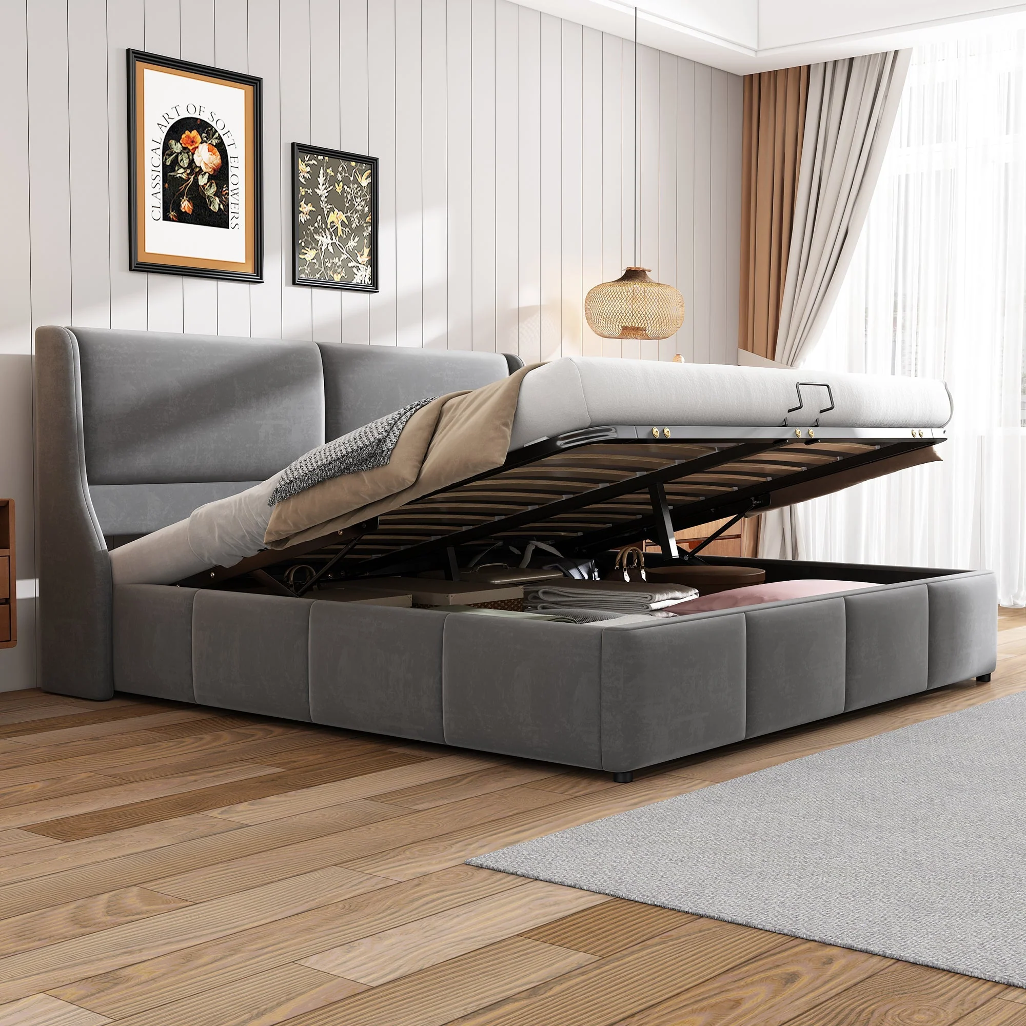 Upholstered Bed 160x200cm Hydraulic Storage Ear-Shaped Headboard - Grey - Image 4