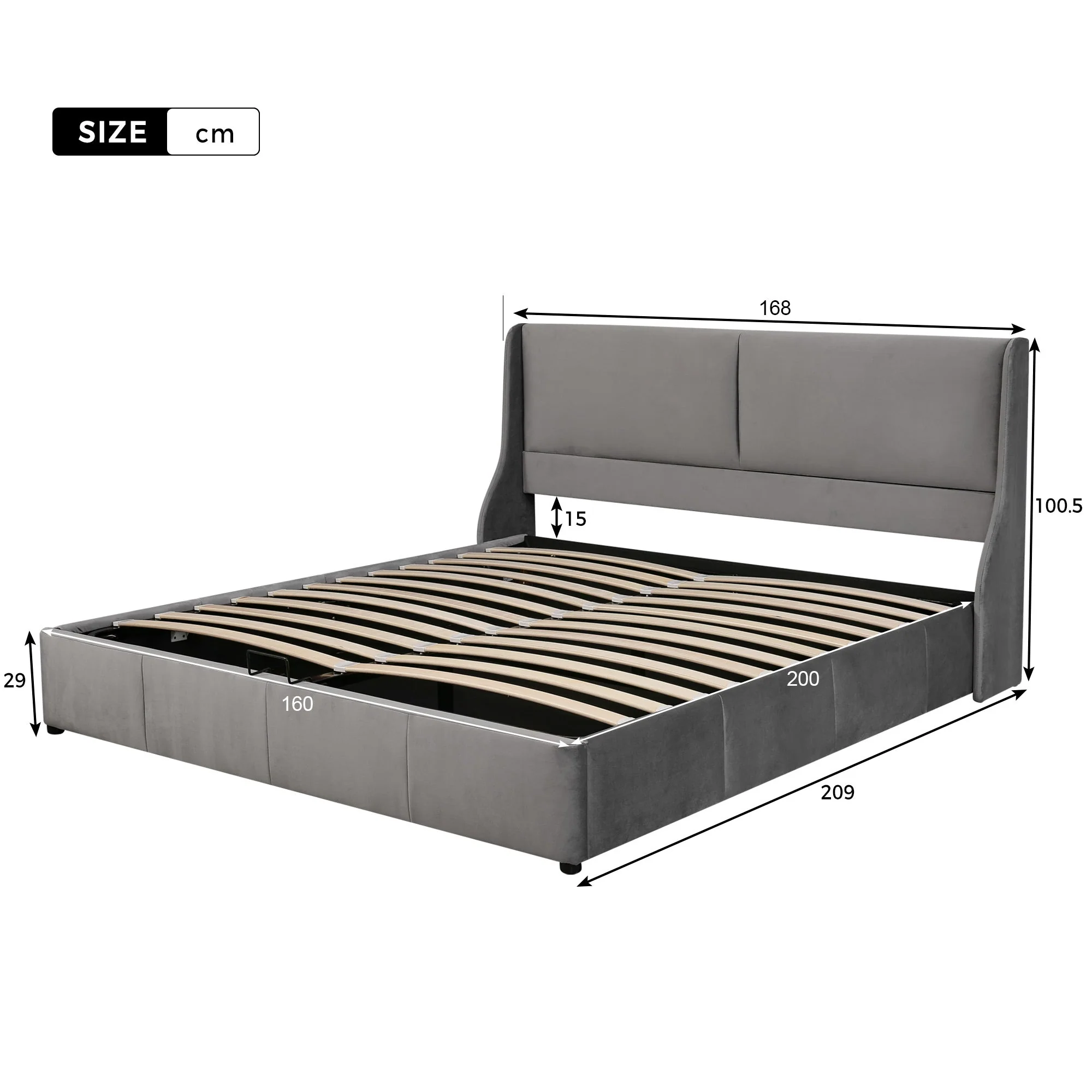 Upholstered Bed 160x200cm Hydraulic Storage Ear-Shaped Headboard - Grey - Image 6
