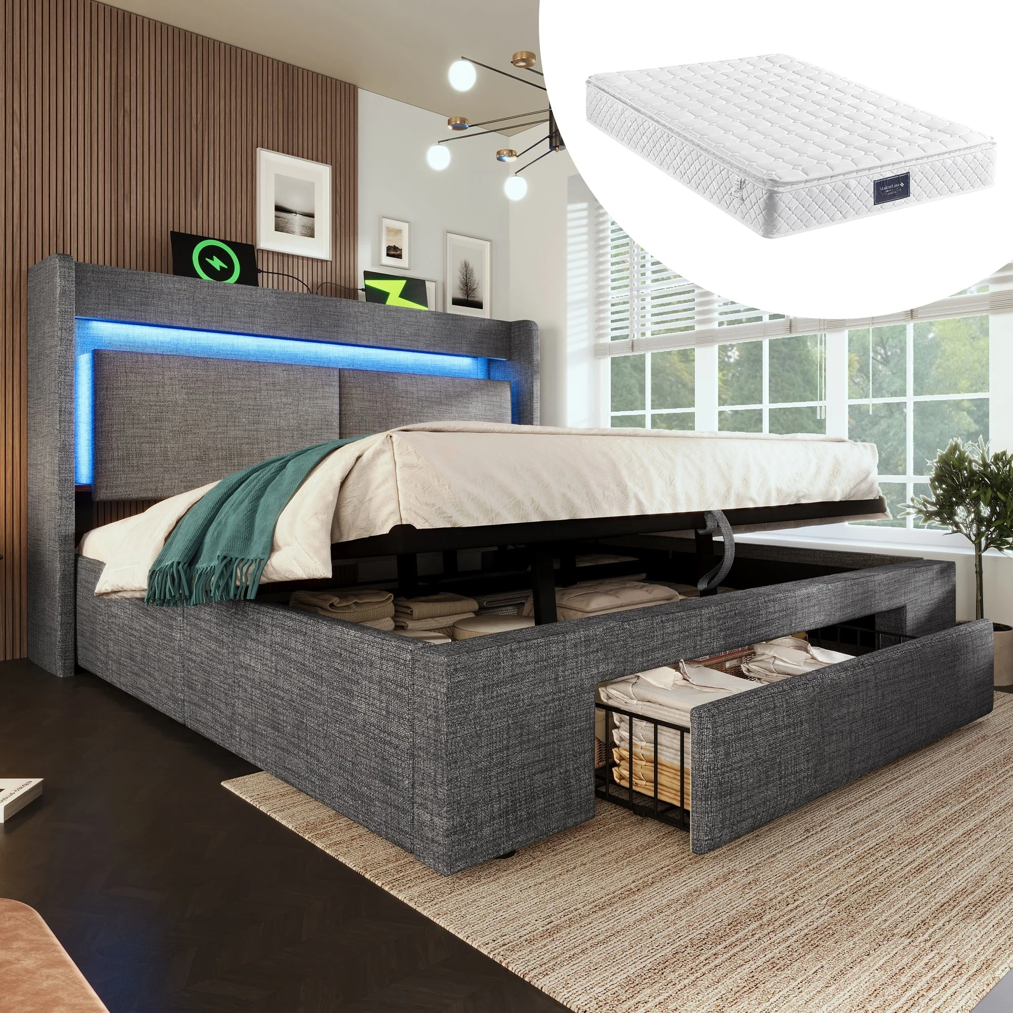 Upholstered Bed 160x200cm Hydraulic Storage Headboard Storage LED USB/Type-C - Linen Grey