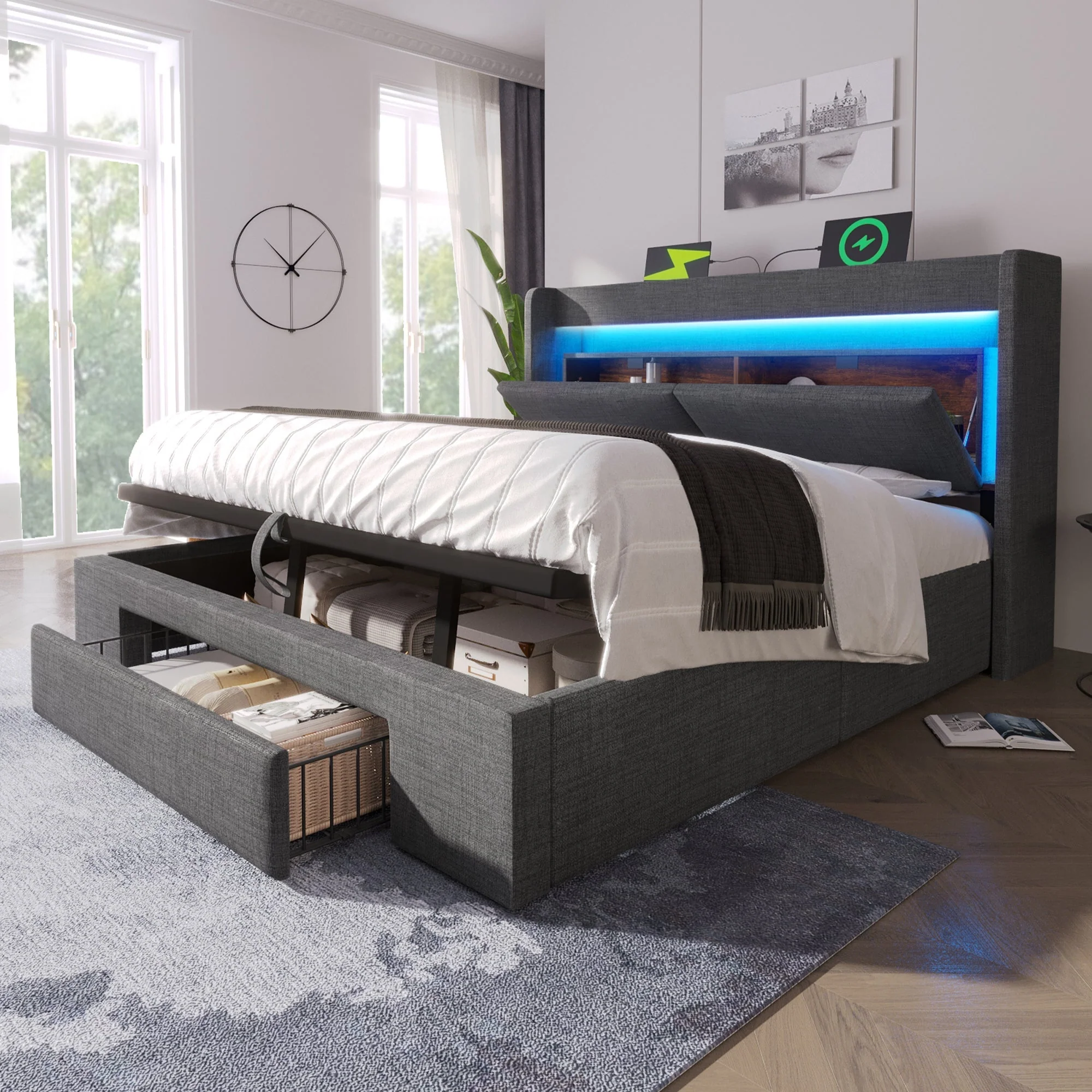 Upholstered Bed 160x200cm Hydraulic Storage Headboard Storage LED USB/Type-C - Linen Grey - Image 10