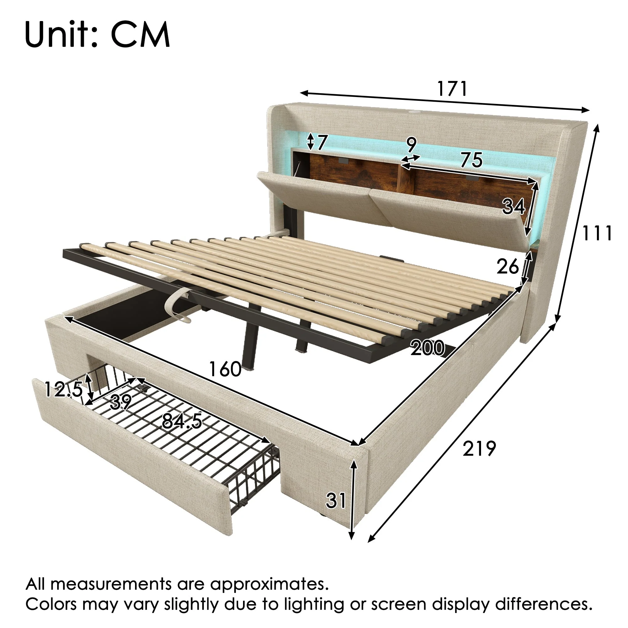 Upholstered Bed 160x200cm Hydraulic Storage Headboard with LED & USB/USB-C - Beige Linen - Image 2