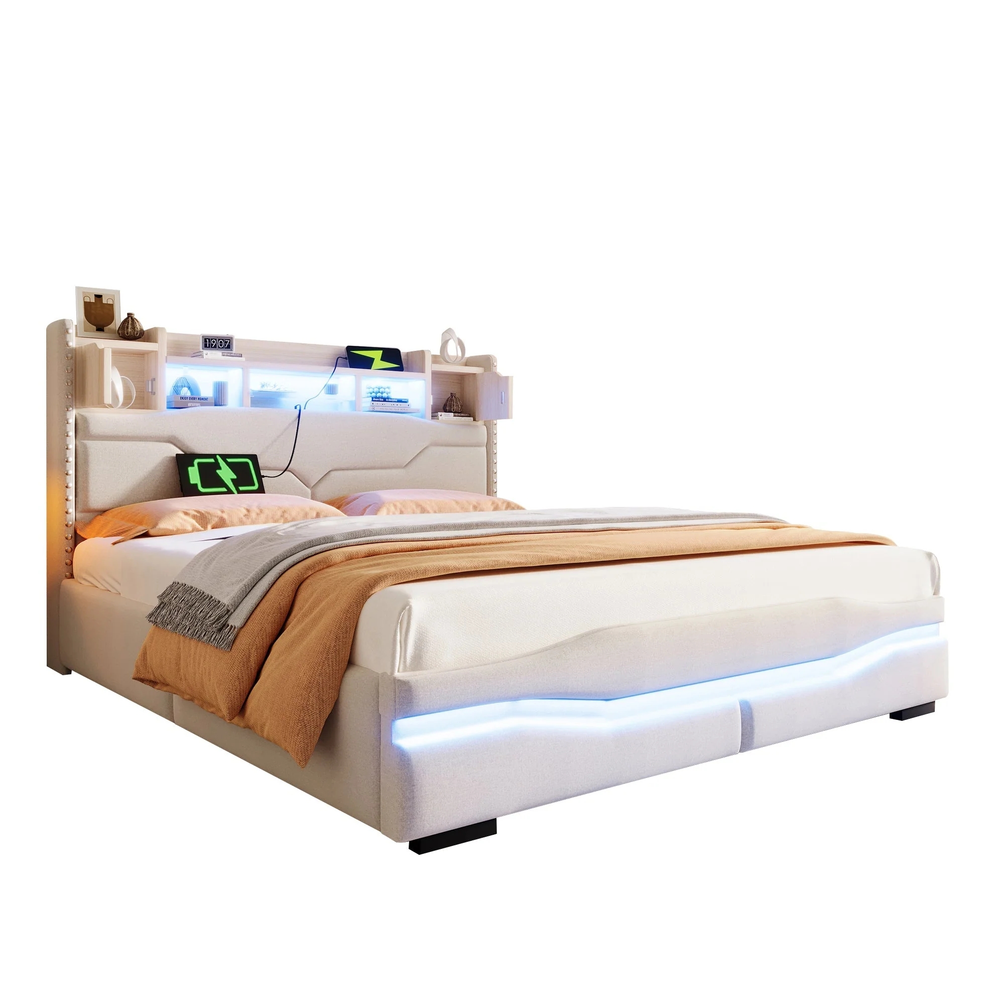 Upholstered Bed 160x200cm Hydraulic Storage Headboard with USB-C & LED Lights Beige - Image 10