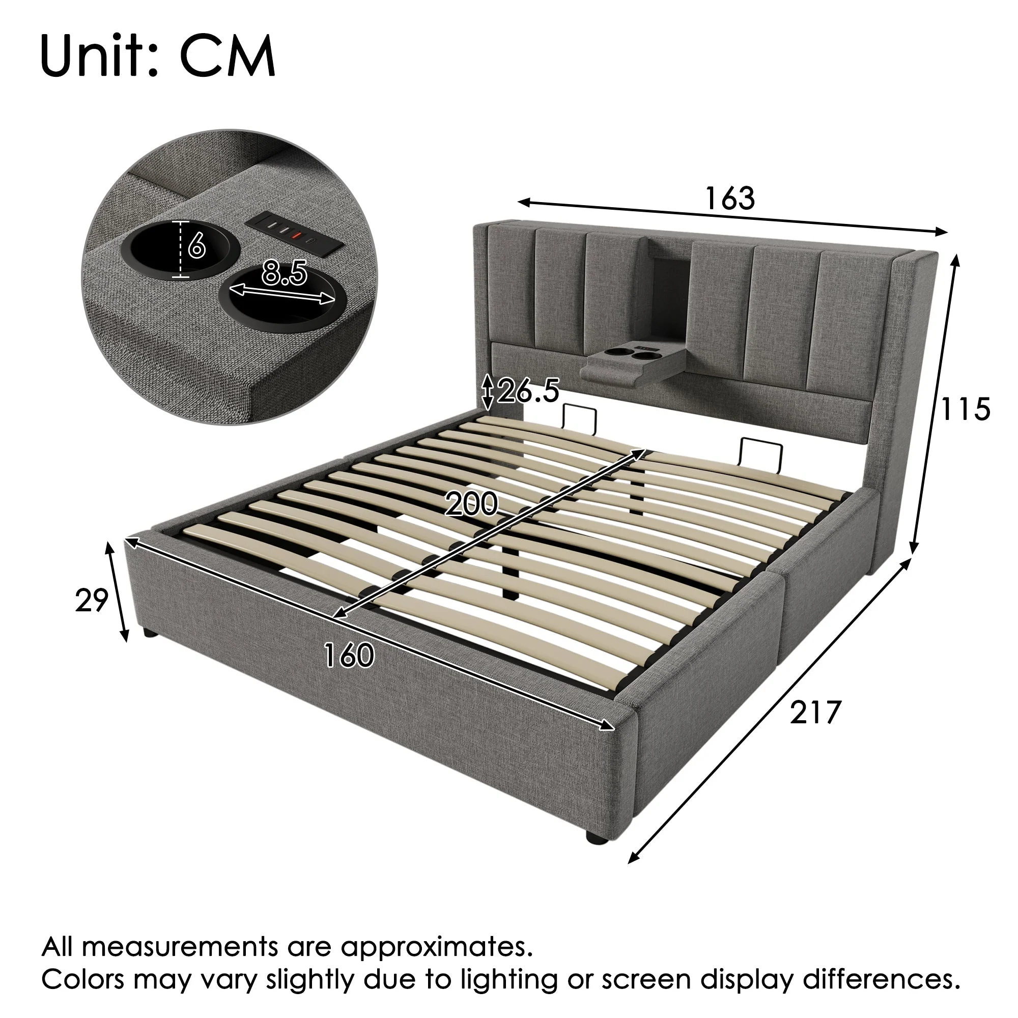 Upholstered Bed 160x200cm Hydraulic Storage Hidden Cup Holder Charging Station Linen Grey - Image 2