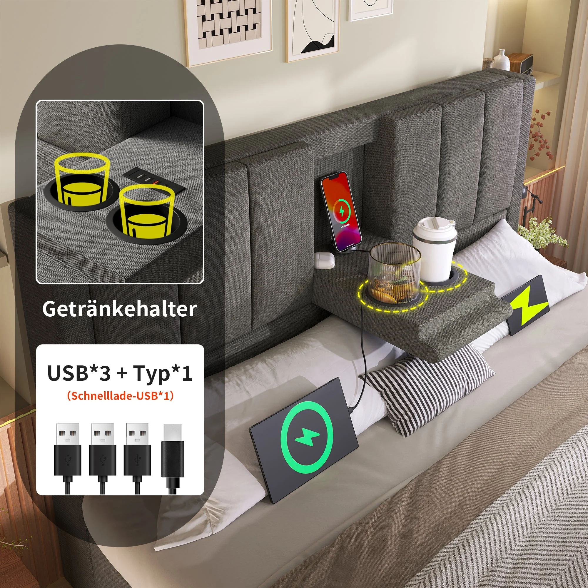 Upholstered Bed 160x200cm Hydraulic Storage Hidden Cup Holder Charging Station Linen Grey - Image 5