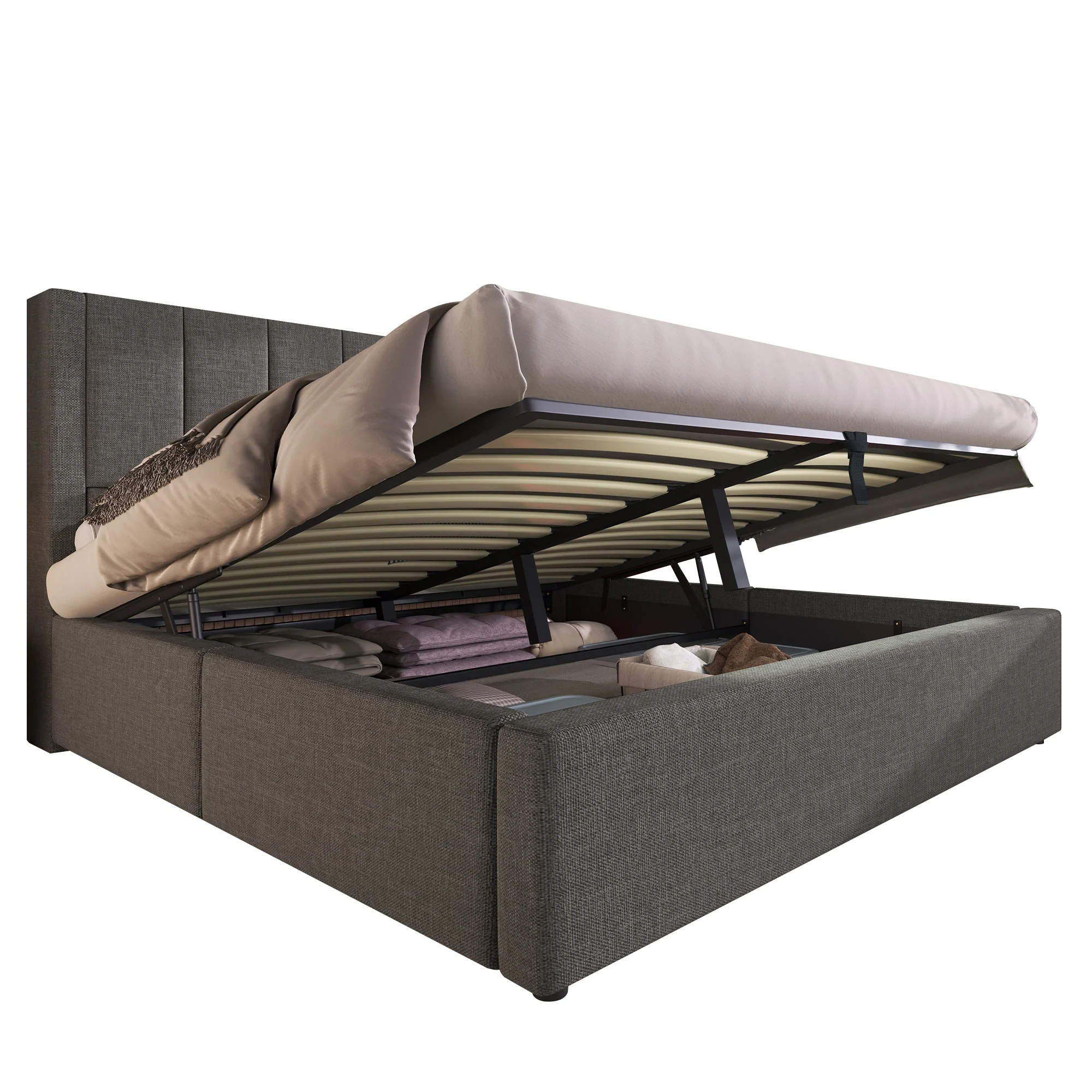 Upholstered Bed 160x200cm Hydraulic Storage Hidden Cup Holder Charging Station Linen Grey - Image 8