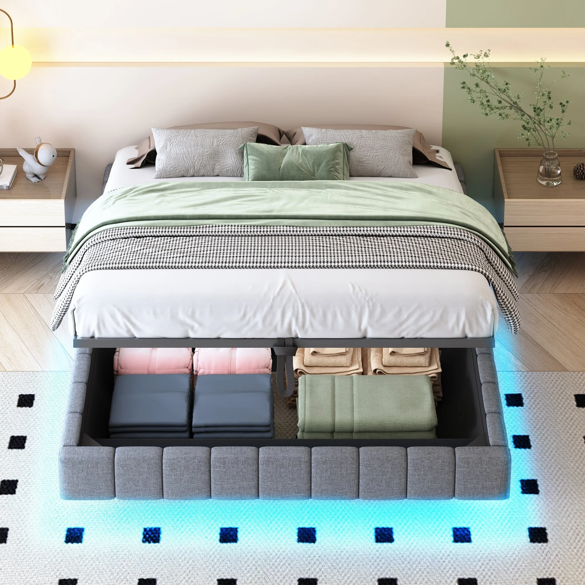 Upholstered Bed 160x200cm Hydraulic Storage LED Floating Frame, Linen Grey - Image 2