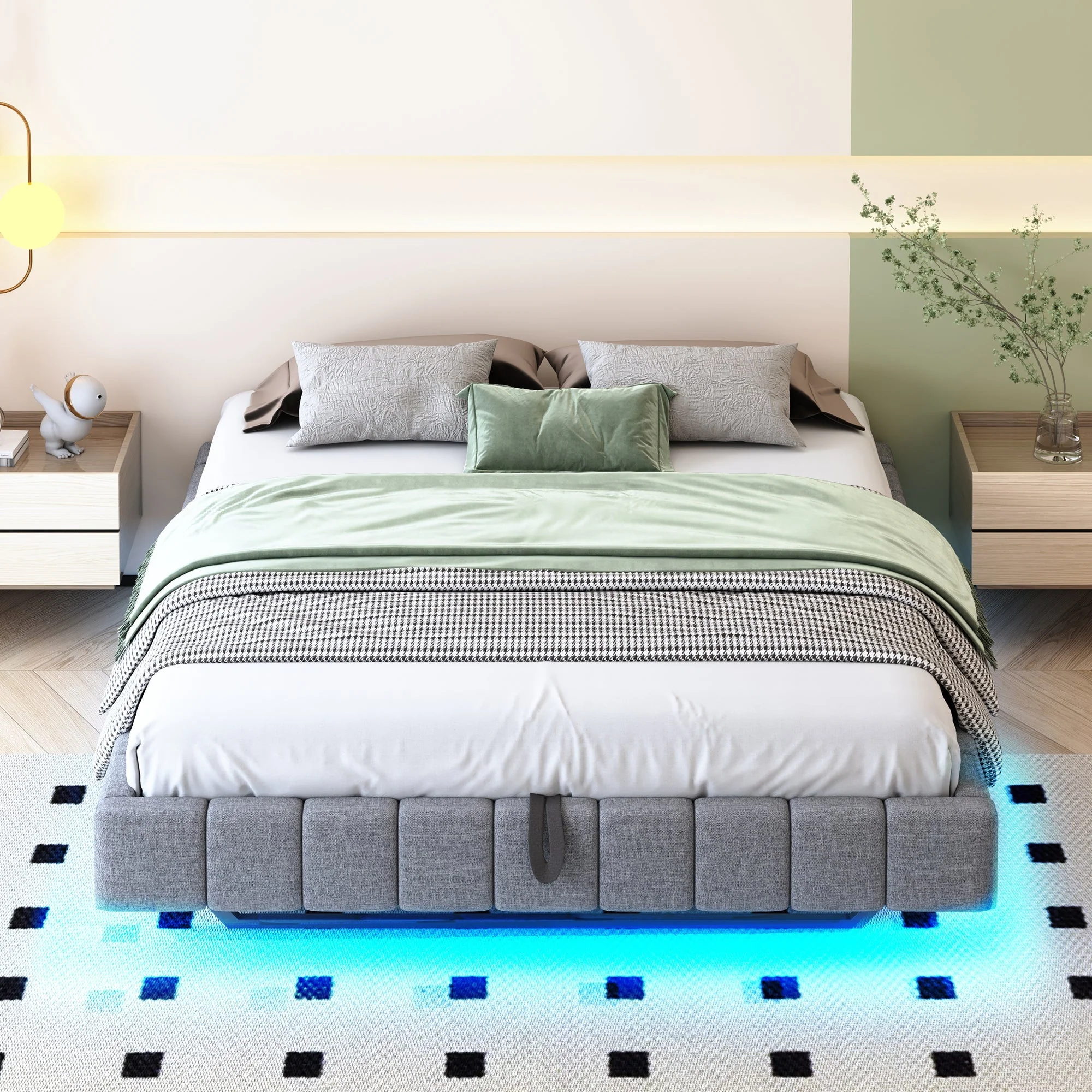 Upholstered Bed 160x200cm Hydraulic Storage LED Floating Frame, Linen Grey - Image 3