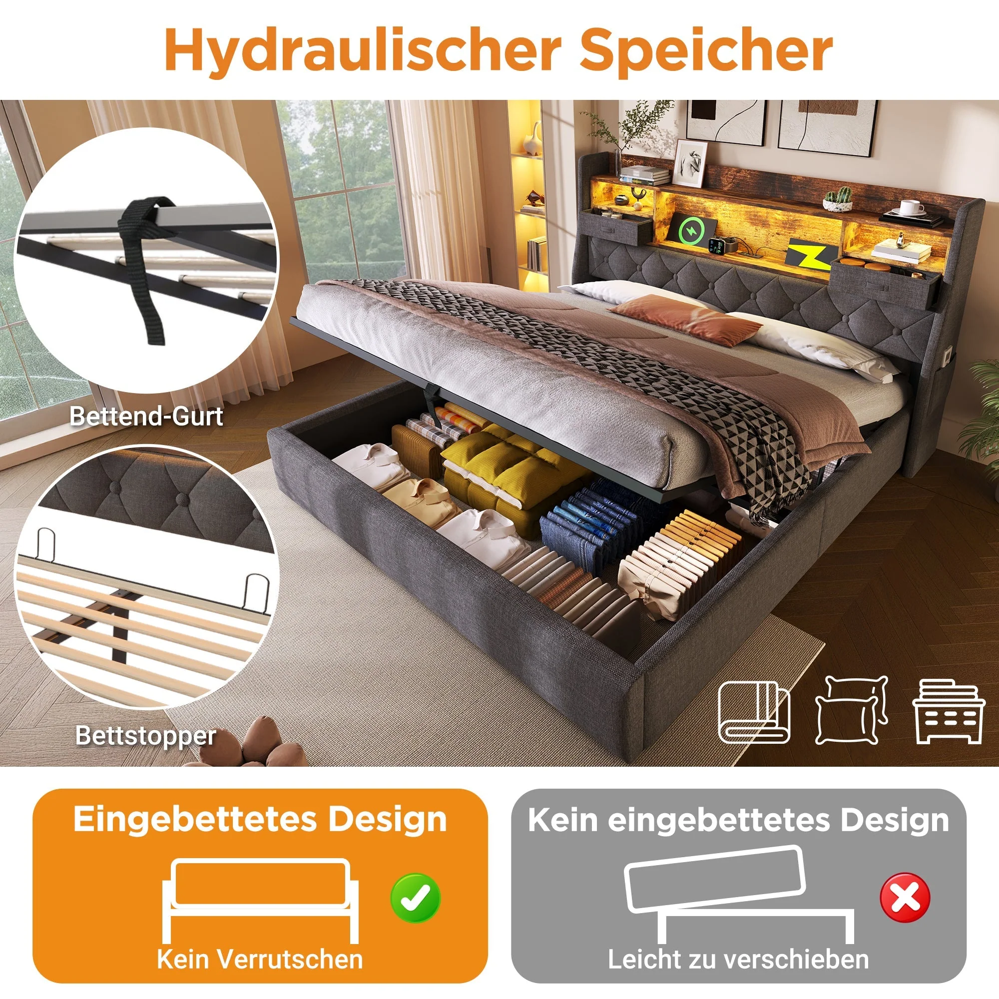 Upholstered Bed 160x200cm Hydraulic Storage LED Headboard USB/Type-C Grey Linen - Image 3
