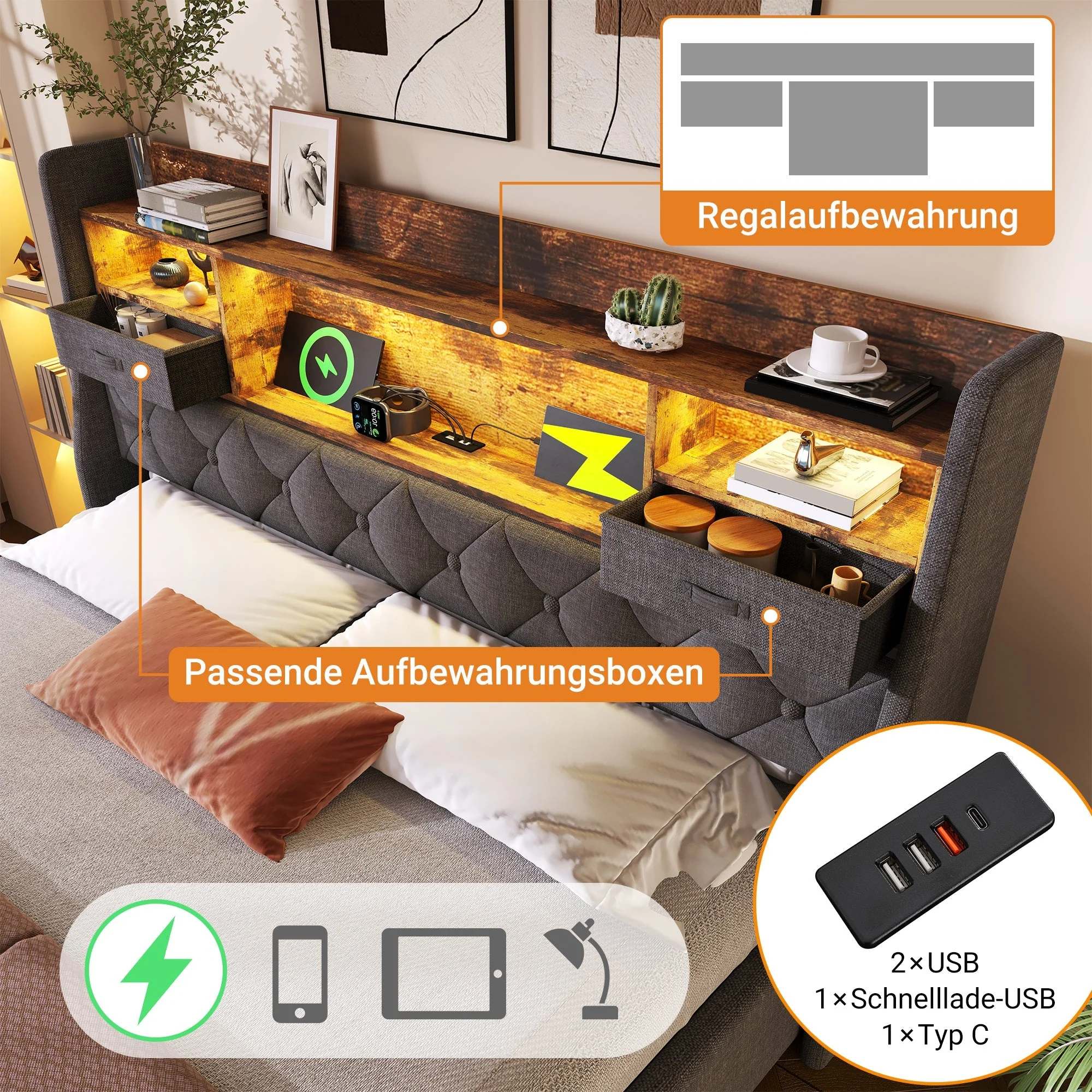 Upholstered Bed 160x200cm Hydraulic Storage LED Headboard USB/Type-C Grey Linen - Image 6