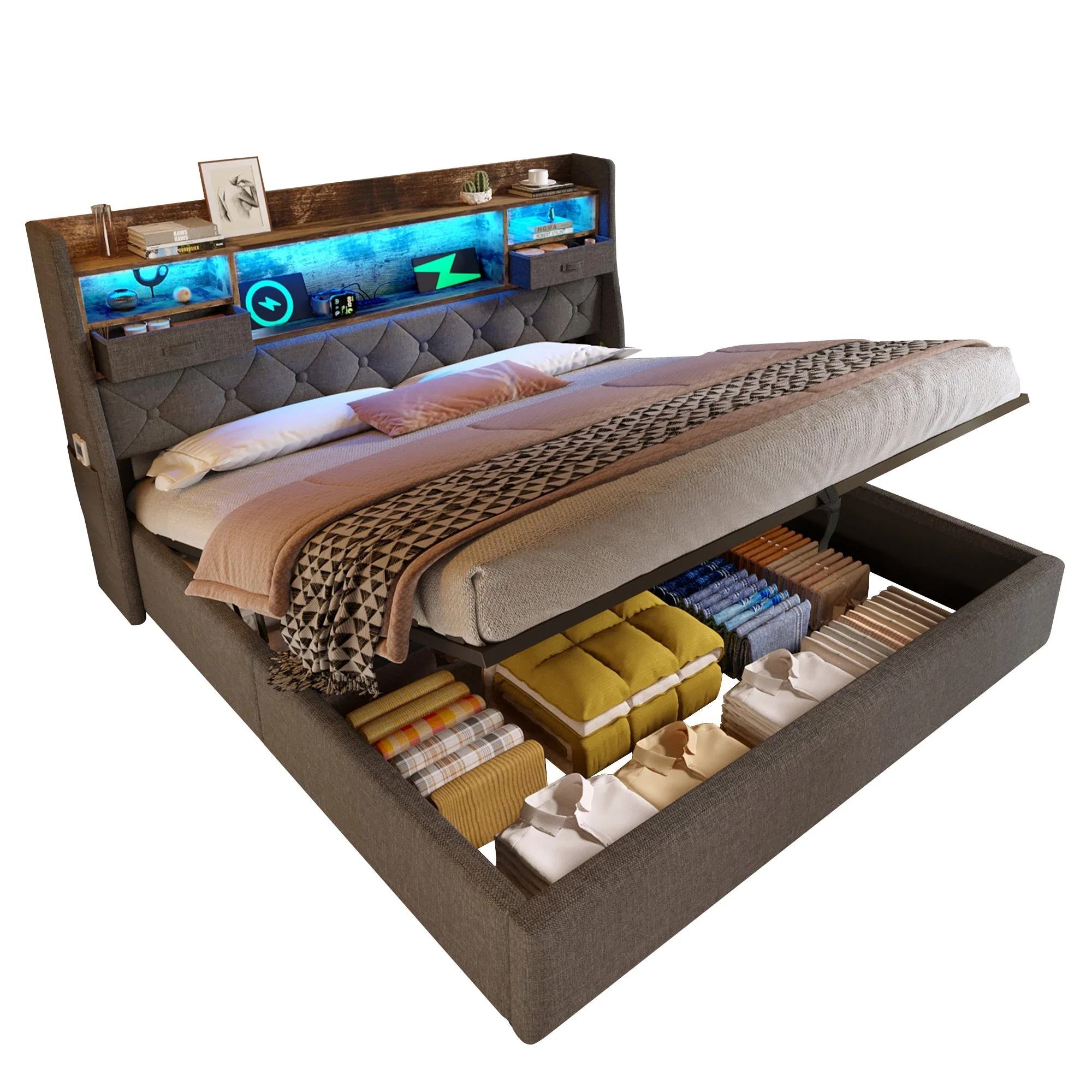 Upholstered Bed 160x200cm Hydraulic Storage LED Headboard USB/Type-C Grey Linen - Image 7