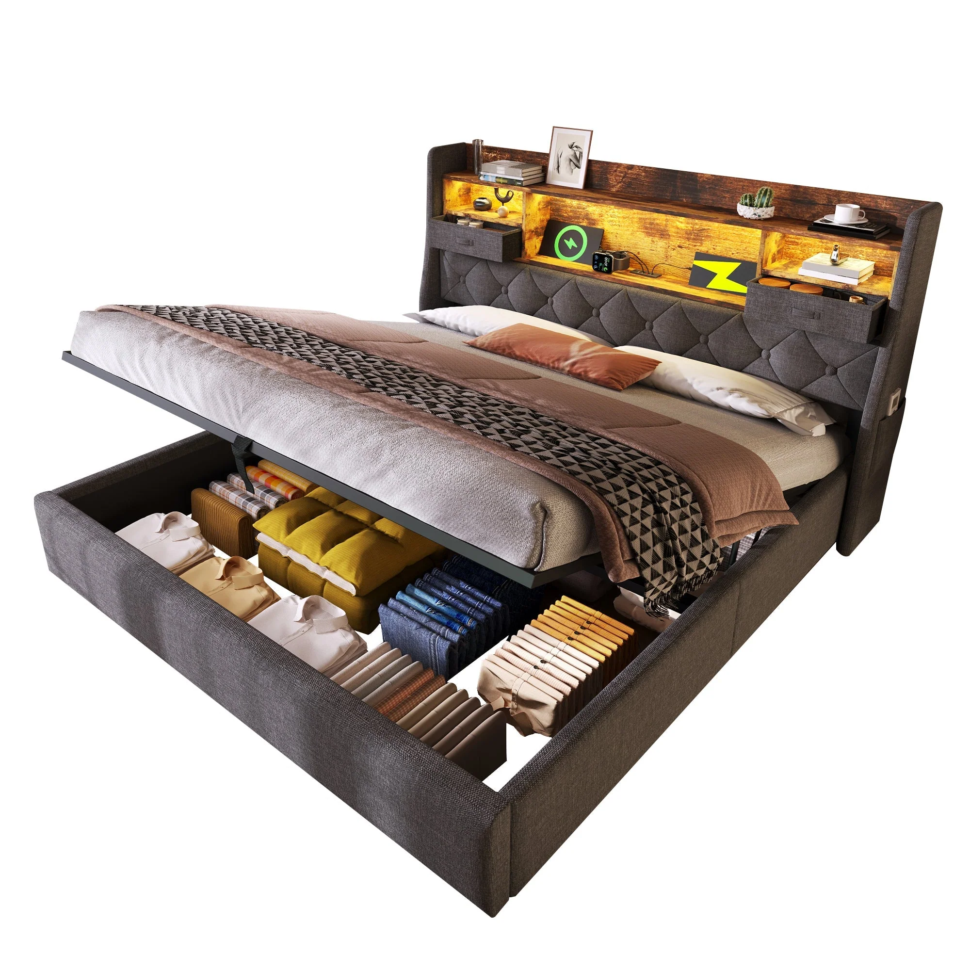 Upholstered Bed 160x200cm Hydraulic Storage LED Headboard USB/Type-C Grey Linen - Image 8