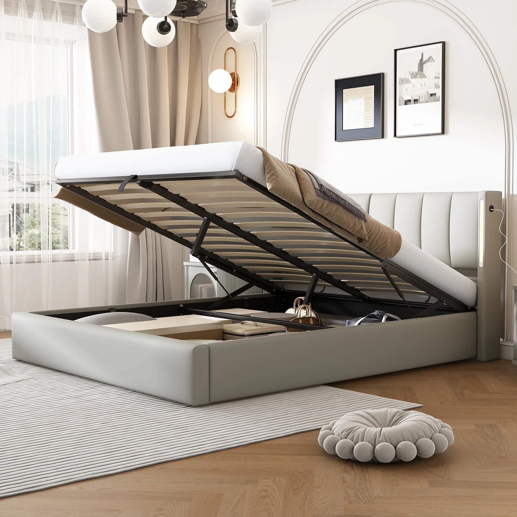 Upholstered Bed 160x200cm Hydraulic Storage LED USB Adjustable Headboard - Grey PU - Image 2