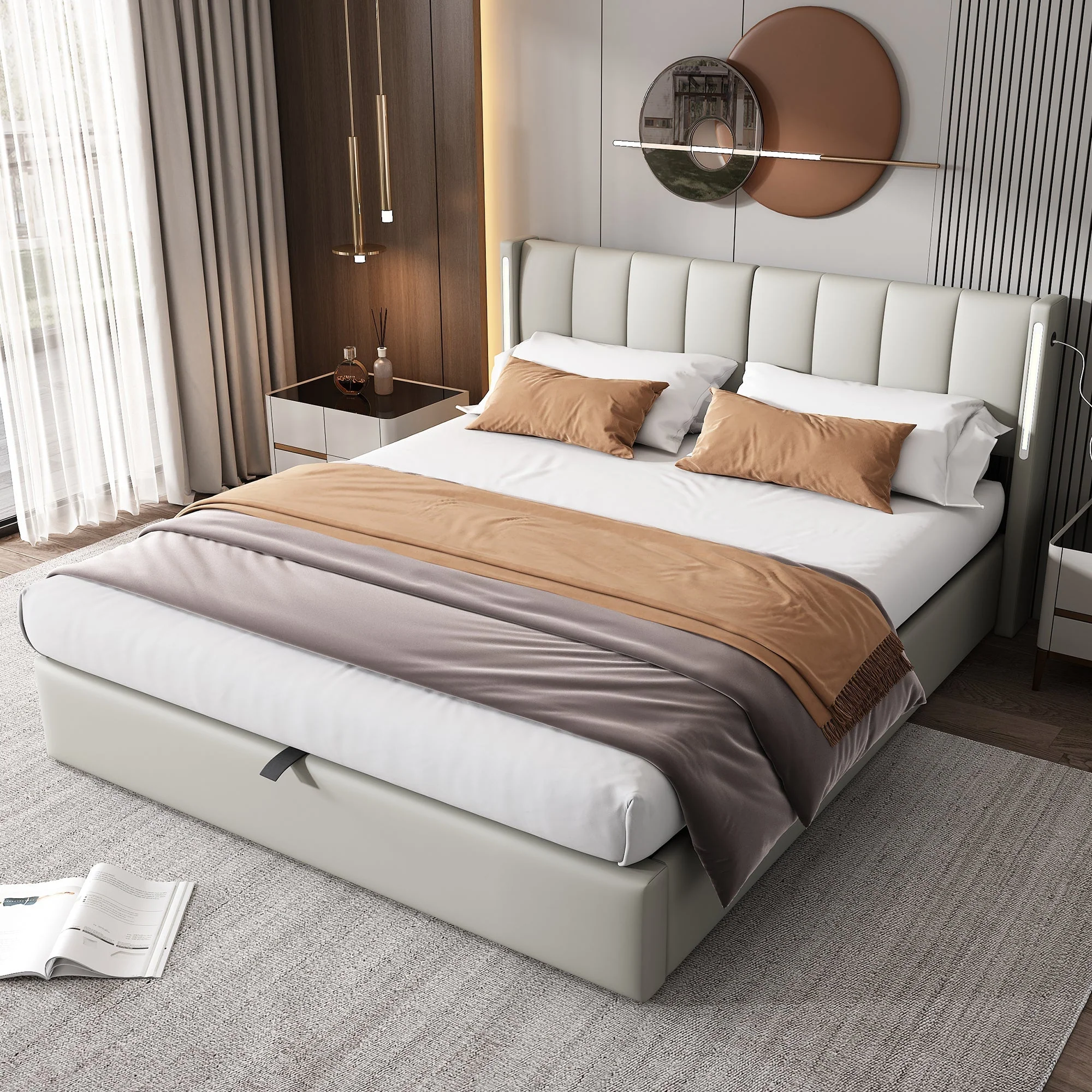Upholstered Bed 160x200cm Hydraulic Storage LED USB Adjustable Headboard - Grey PU - Image 6