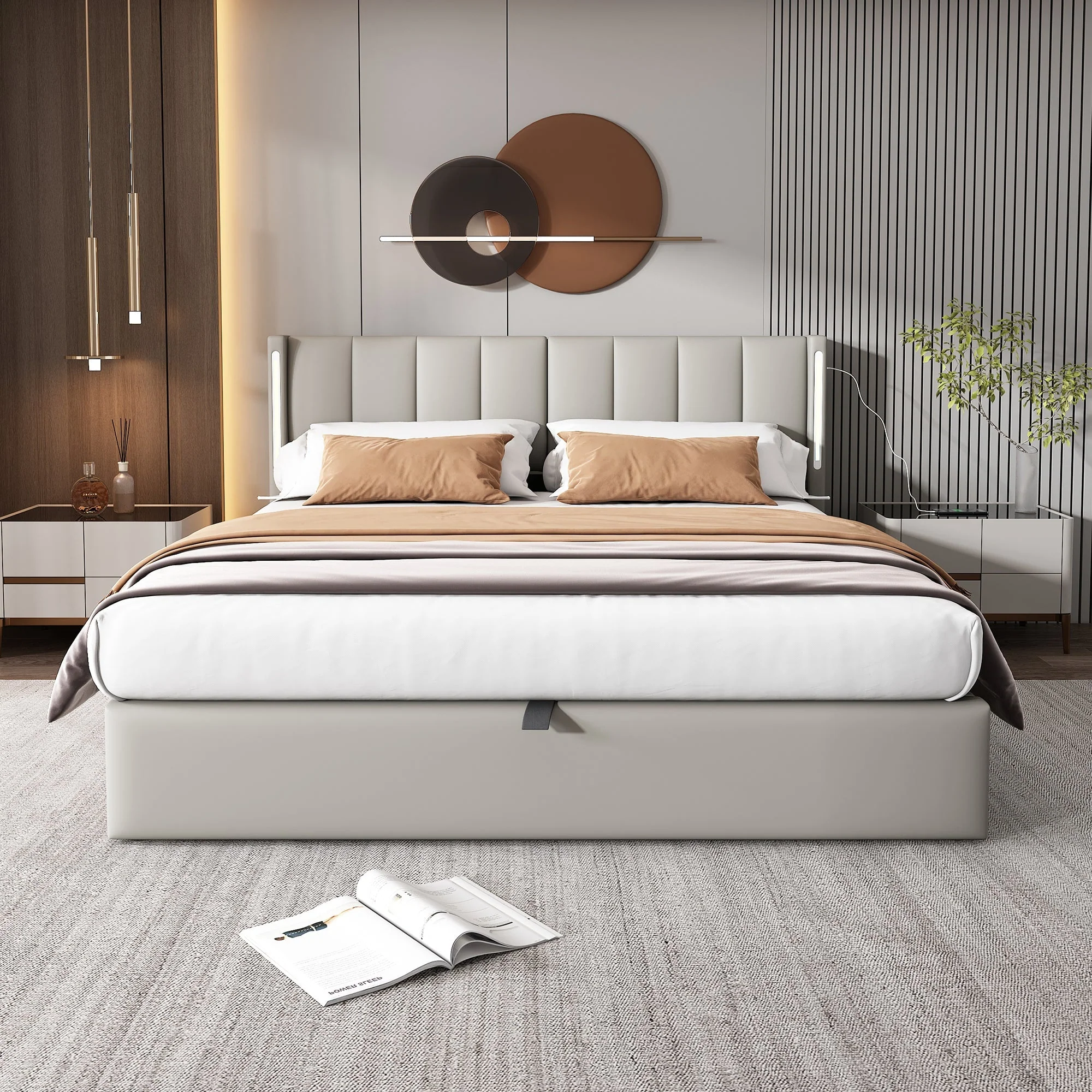 Upholstered Bed 160x200cm Hydraulic Storage LED USB Adjustable Headboard - Grey PU - Image 7