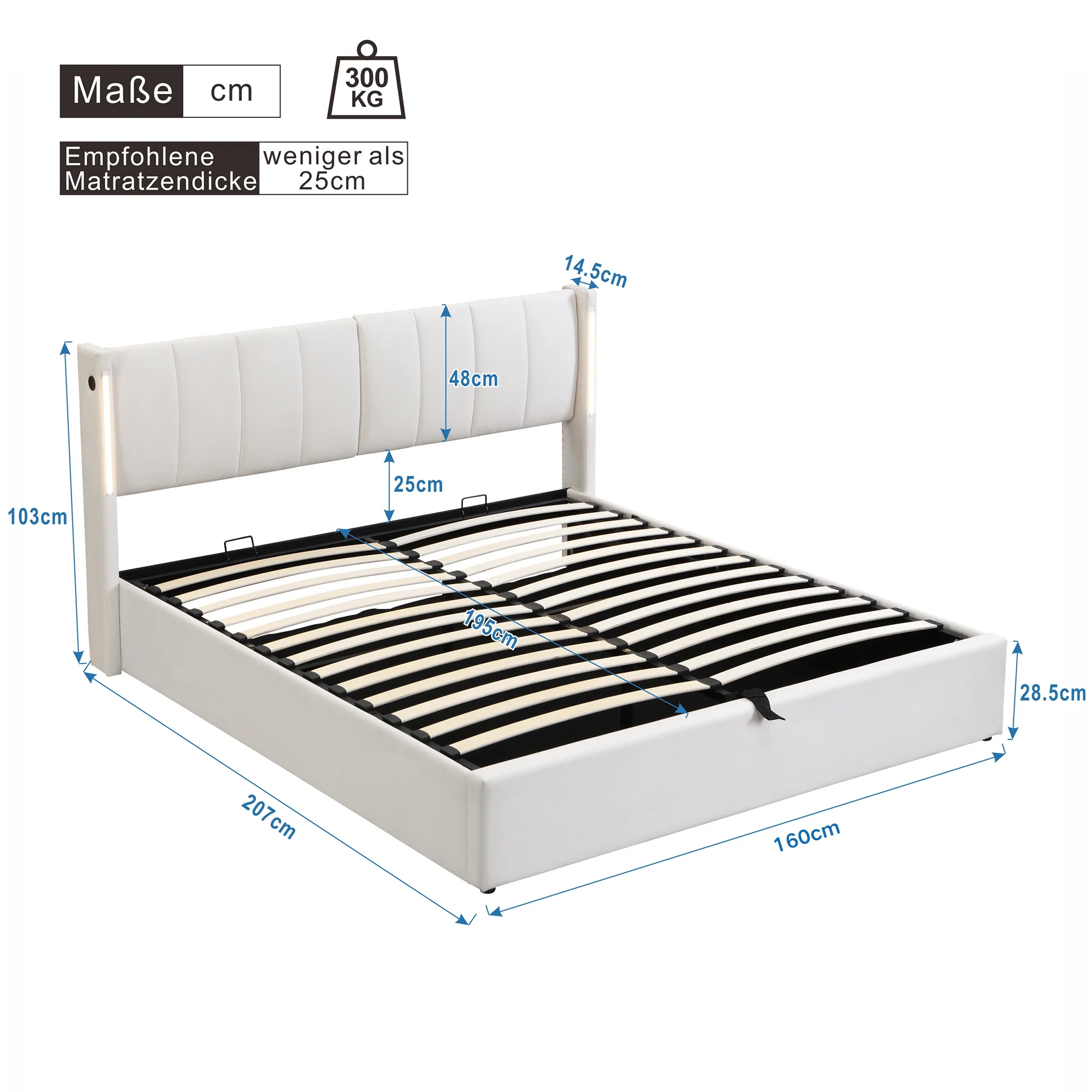 Upholstered Bed 160x200cm Hydraulic Storage LED USB Adjustable Headboard - White PU - Image 10