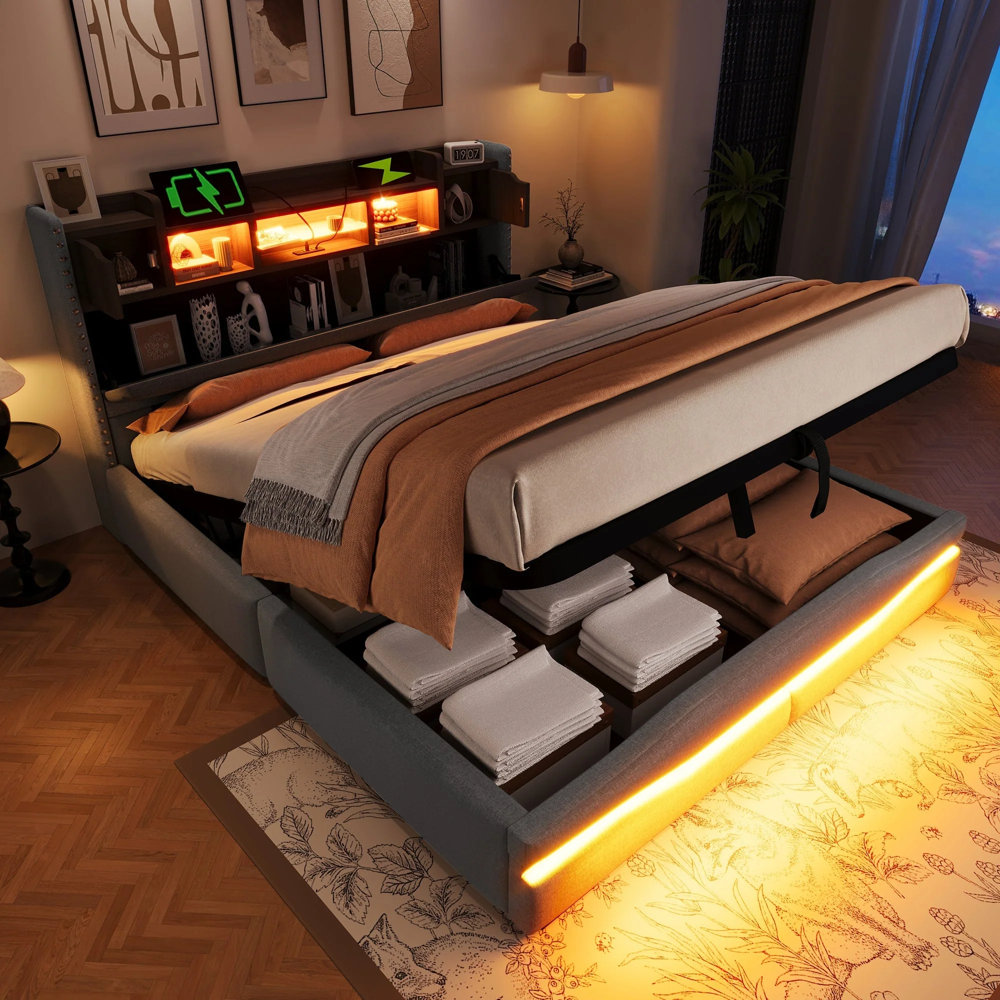 Upholstered Bed 160x200cm Hydraulic Storage LED USB-C Headboard Grey - Image 3