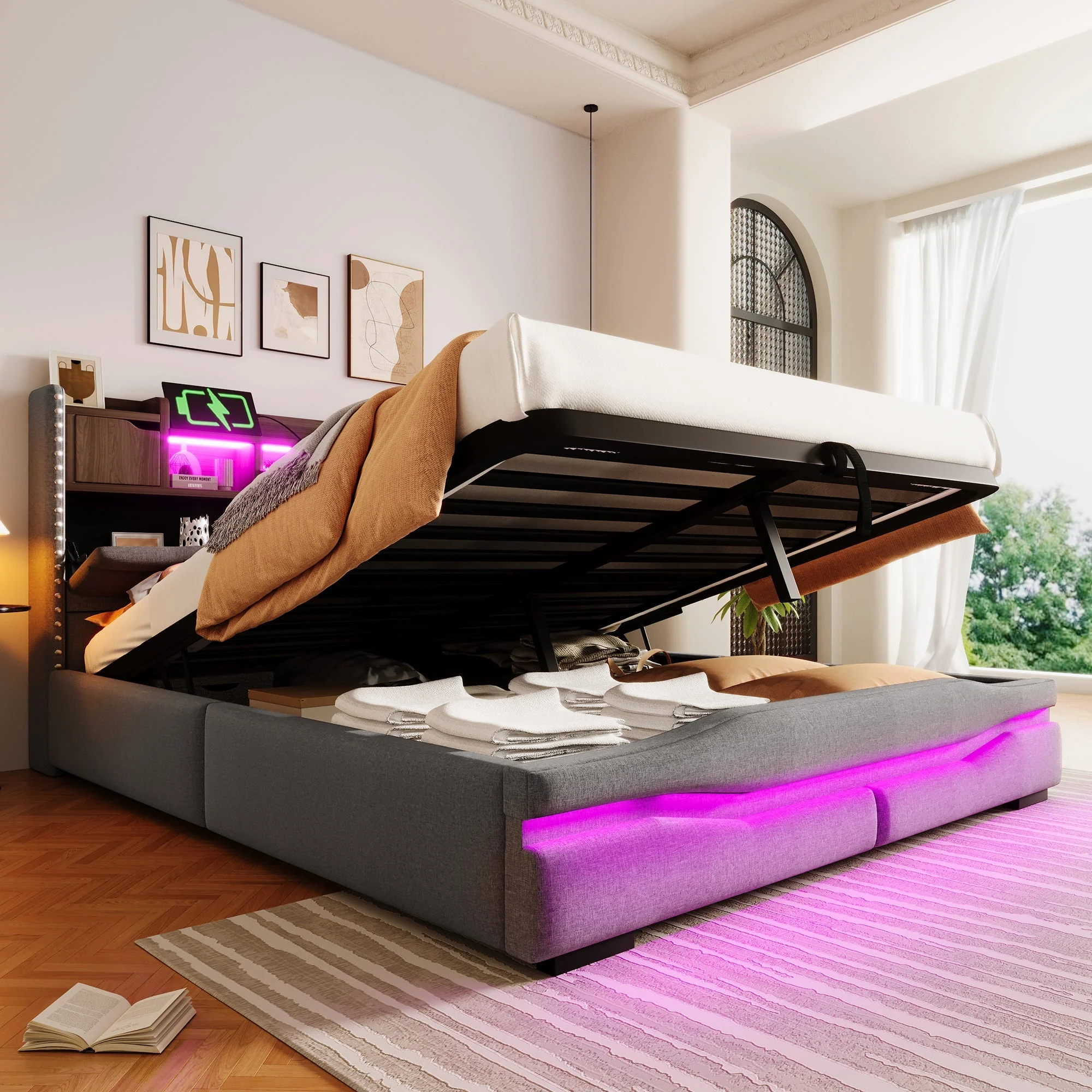 Upholstered Bed 160x200cm Hydraulic Storage LED USB-C Headboard Grey - Image 4