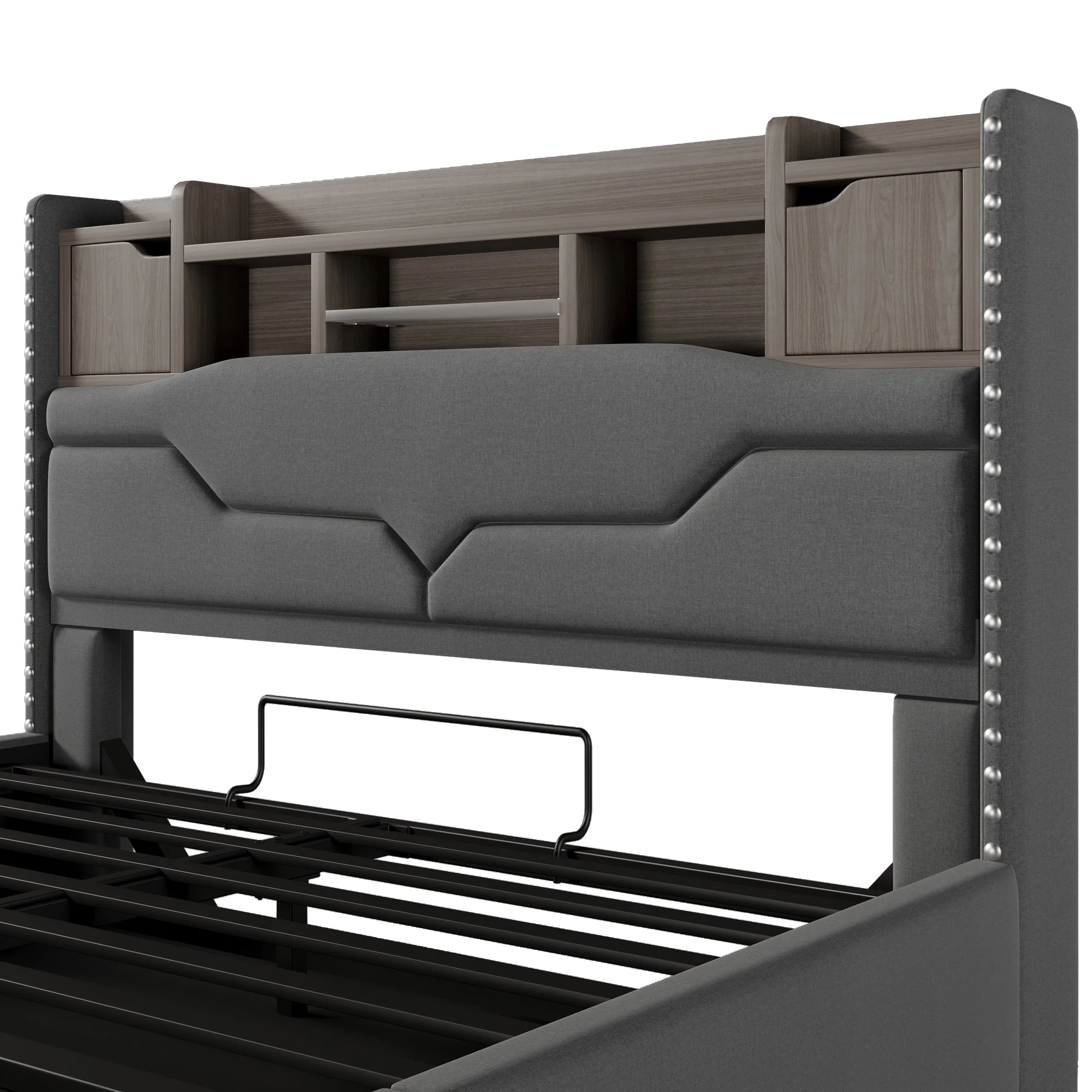 Upholstered Bed 160x200cm Hydraulic Storage LED USB-C Headboard Grey - Image 5