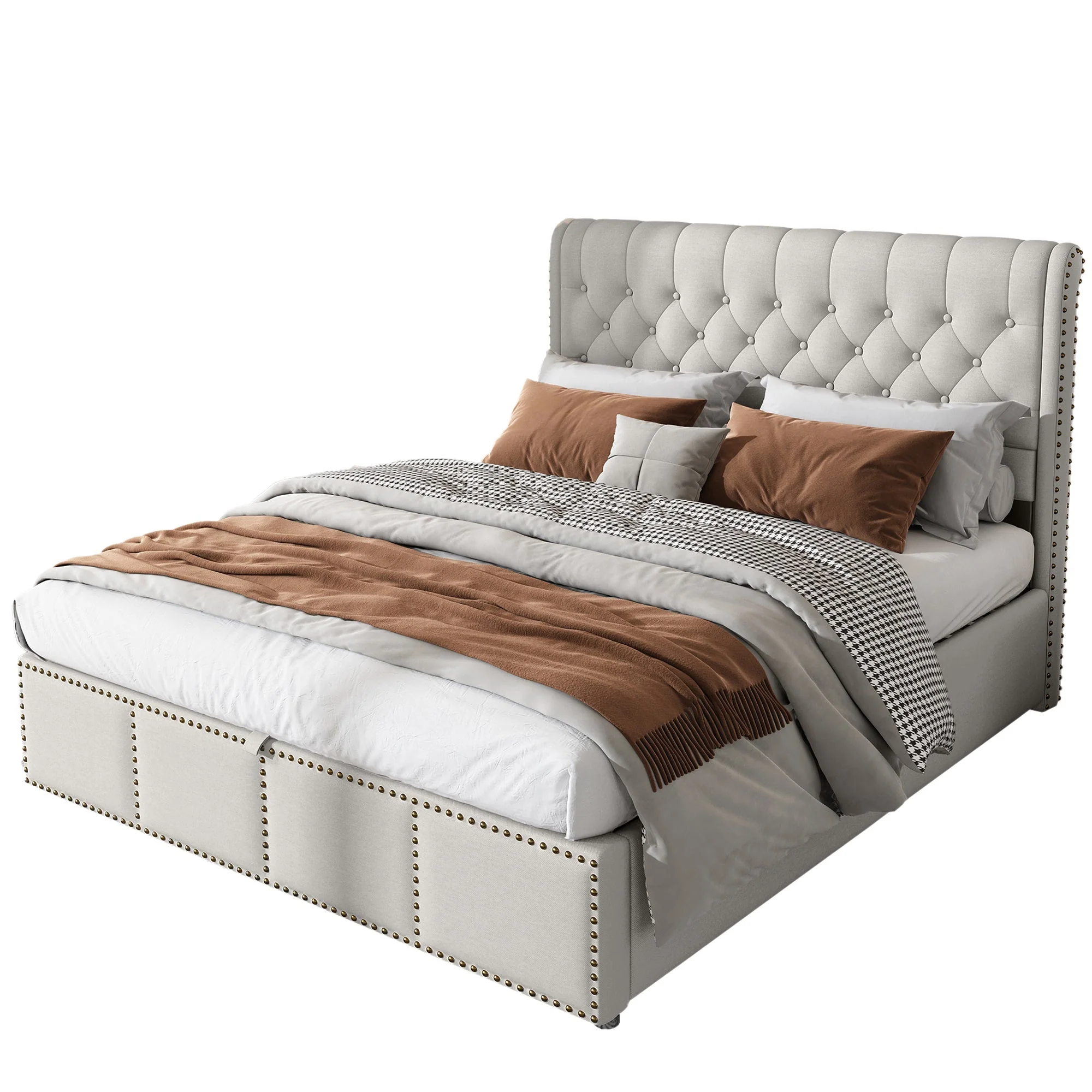 Upholstered Bed 160x200cm Hydraulic Storage Studded - Cotton-Linen Light Grey - Image 4