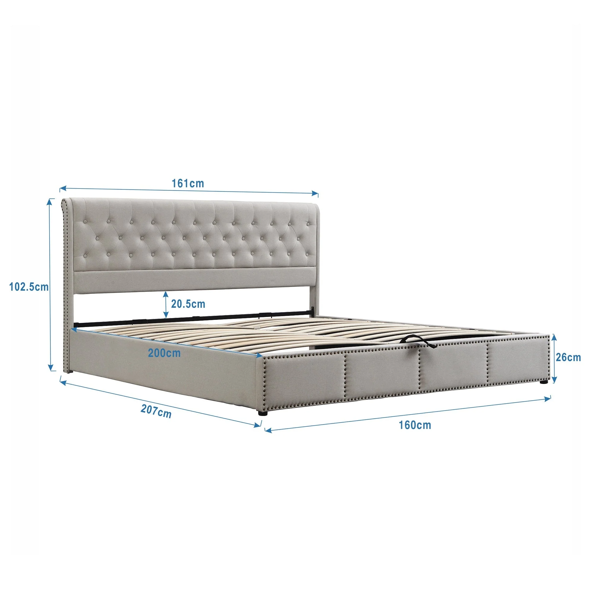Upholstered Bed 160x200cm Hydraulic Storage Studded - Cotton-Linen Light Grey - Image 5