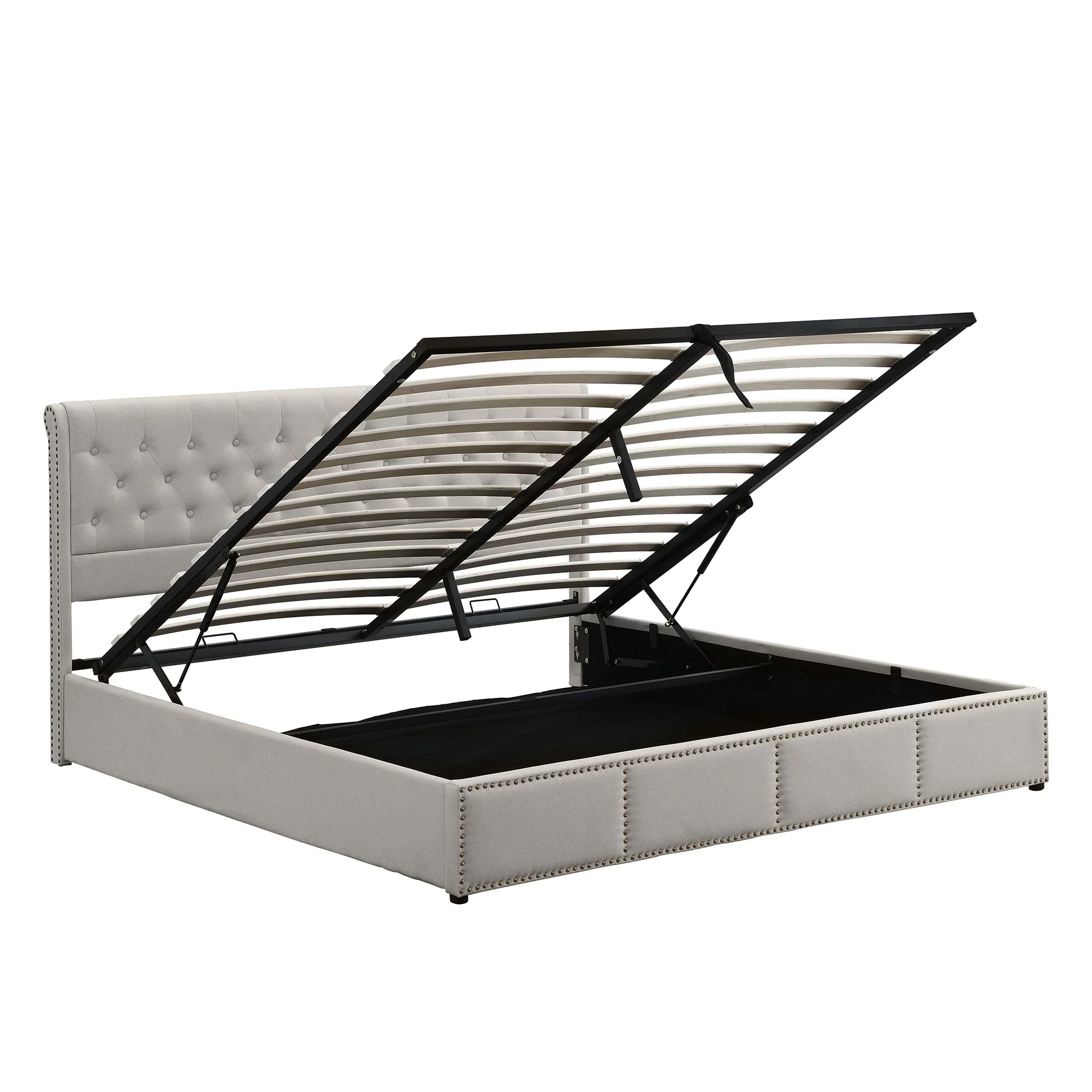 Upholstered Bed 160x200cm Hydraulic Storage Studded - Cotton-Linen Light Grey - Image 6