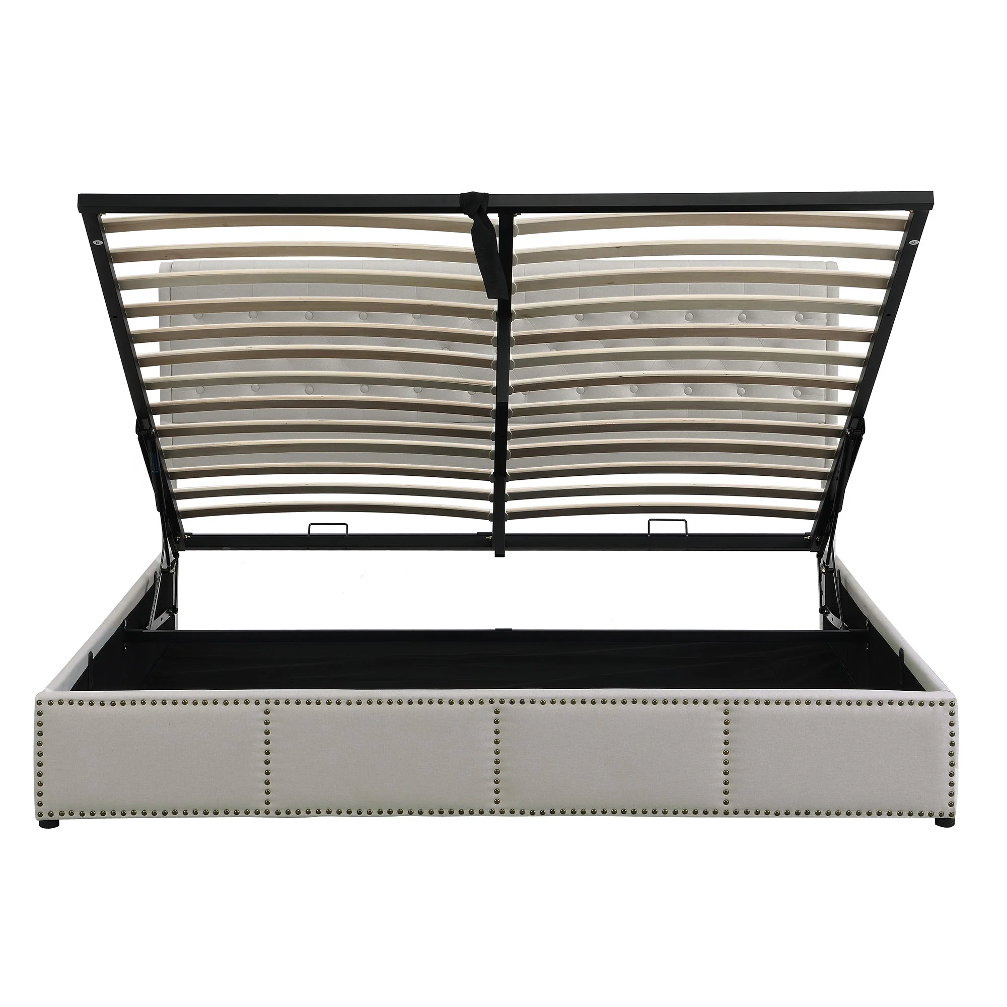 Upholstered Bed 160x200cm Hydraulic Storage Studded - Cotton-Linen Light Grey - Image 9