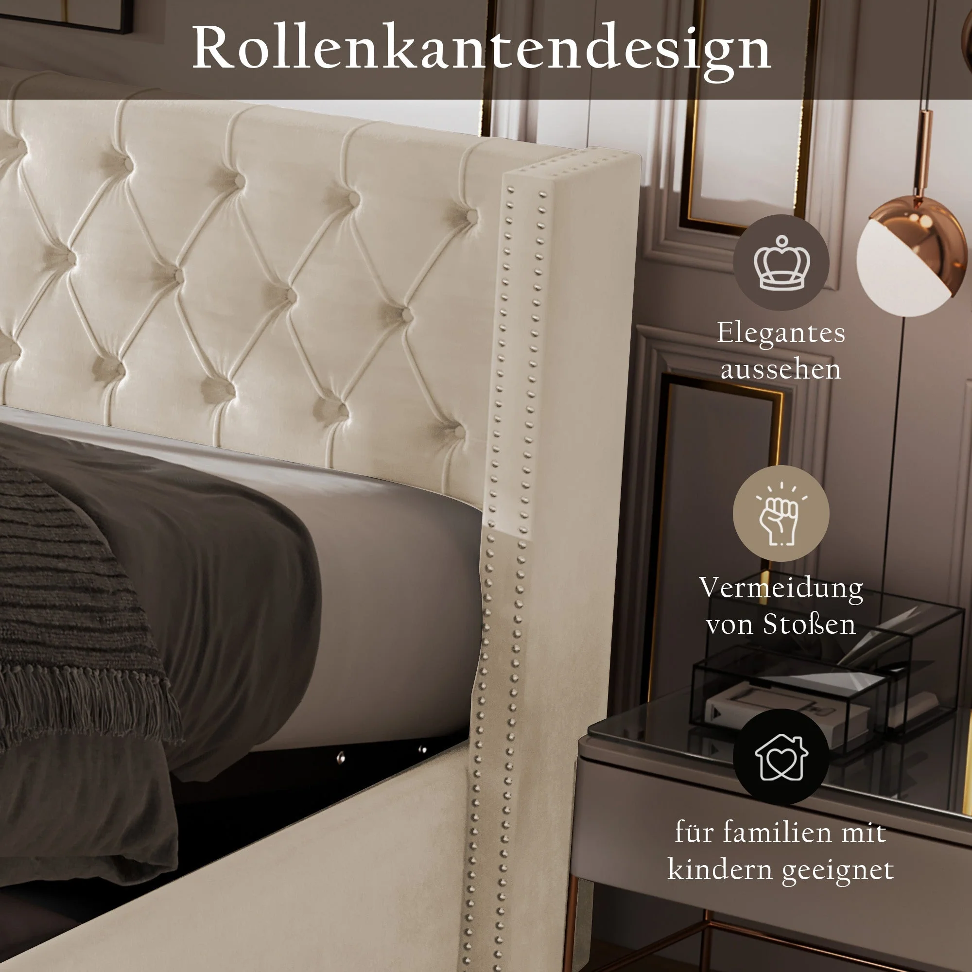 Upholstered Bed 160x200cm Hydraulic Storage Studs Ear Shape - Velvet Beige - Image 7