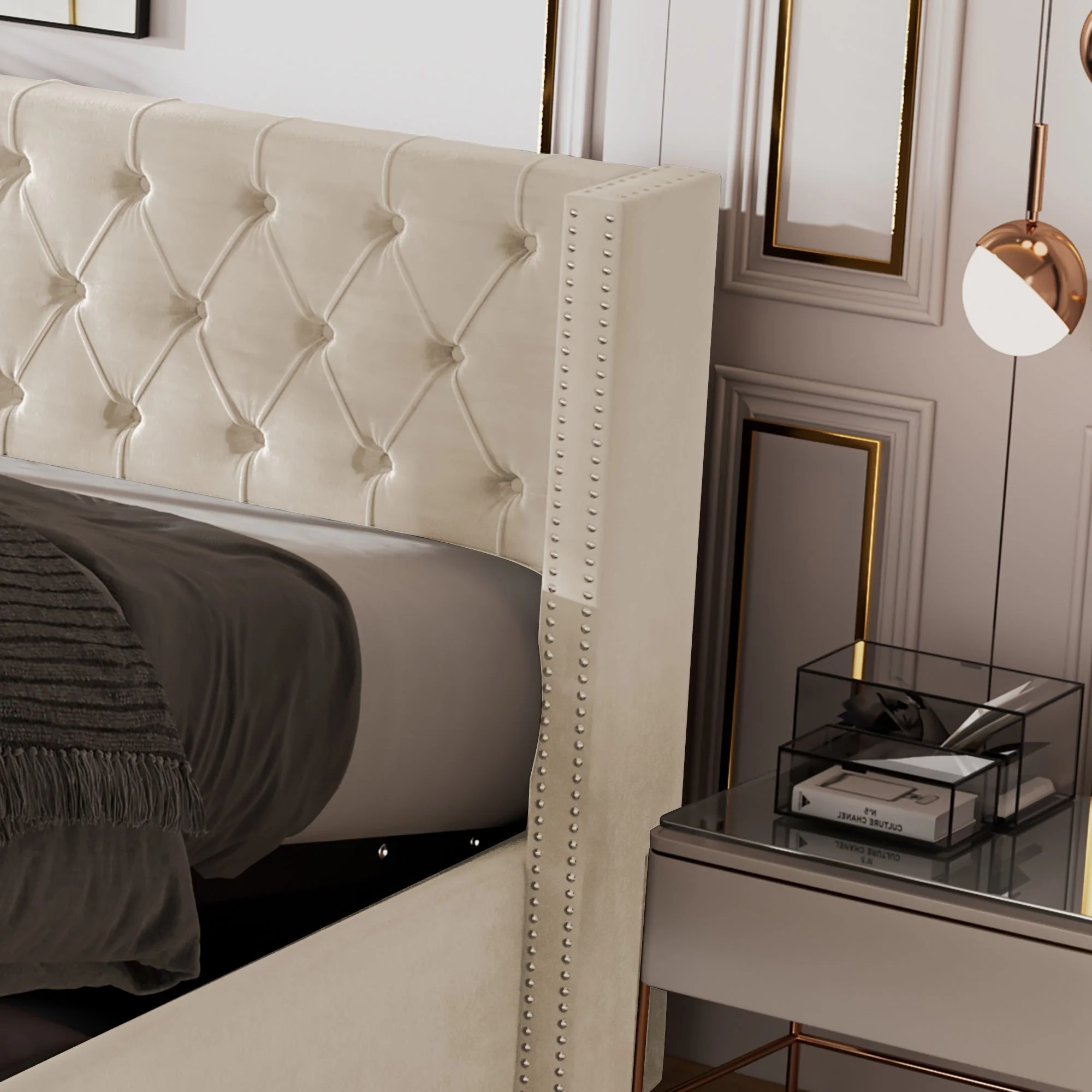 Upholstered Bed 160x200cm Hydraulic Storage Studs Ear Shape - Velvet Beige - Image 9