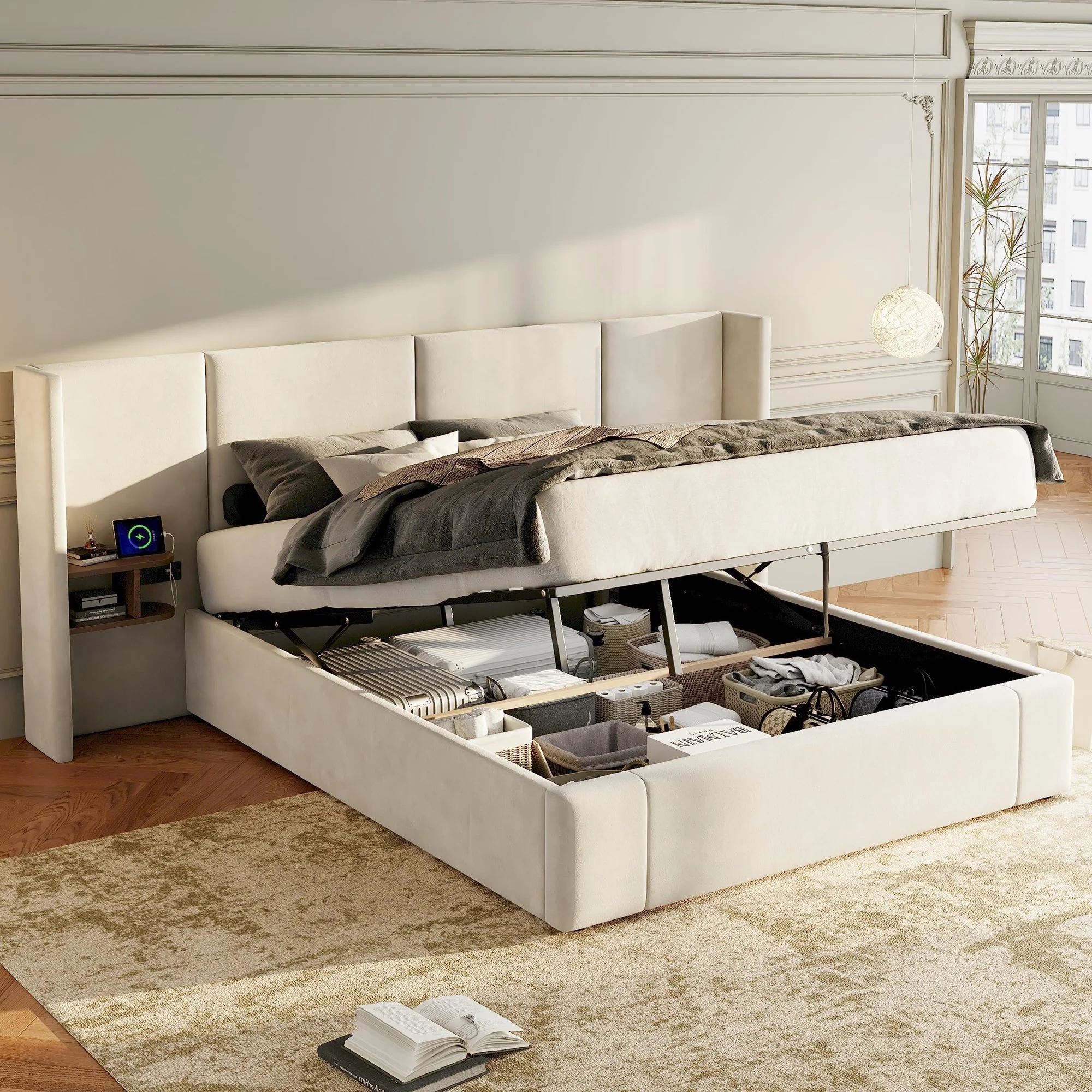 Upholstered Bed 160x200cm Hydraulic Storage USB Power Outlets 2 Bedside Tables Velvet Beige - Image 2