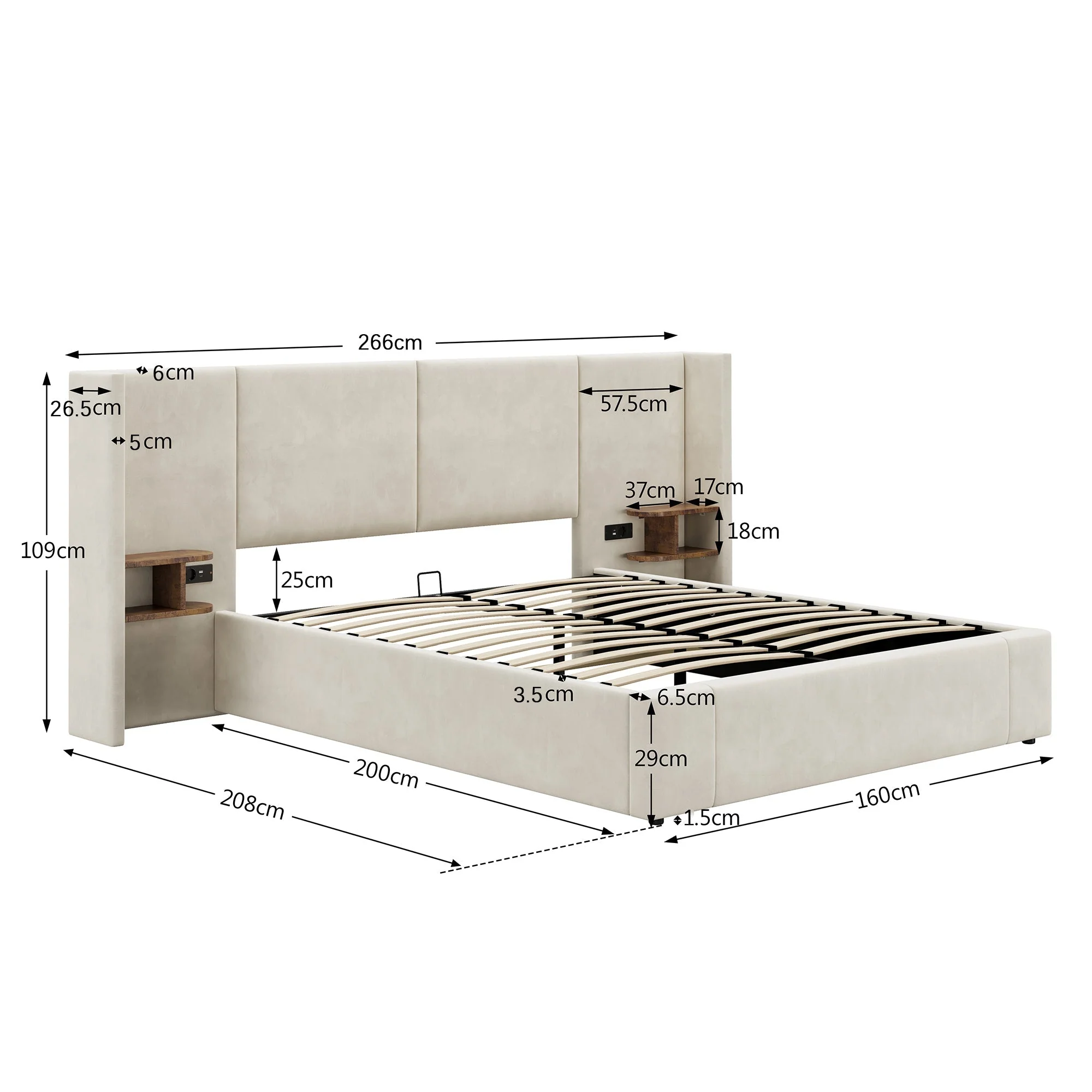 Upholstered Bed 160x200cm Hydraulic Storage USB Power Outlets 2 Bedside Tables Velvet Beige - Image 5